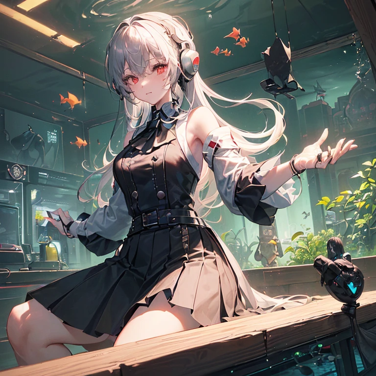 最high quality、best image quality、masterpiece、with a girl((20-year-old、vest bust、big bust、bust 85,Luminescent red eyes、wide open chest,valley、long gray hair、Slender、Disheveled black Y-shirt、black skirt、black spats,Be at the forefront、sit on a chair、大きなvalley、slight smile、happiness、Wireless Earphones)high quality、beautiful art、With background((Cyber Laboratories,avant-garde robot、dark room、Retro Laptops)),depth((Numerous monitors、aquarium、Half-baked Android))table top、elaborate design、visual art、Depth of bounds written、half naked、Provocative