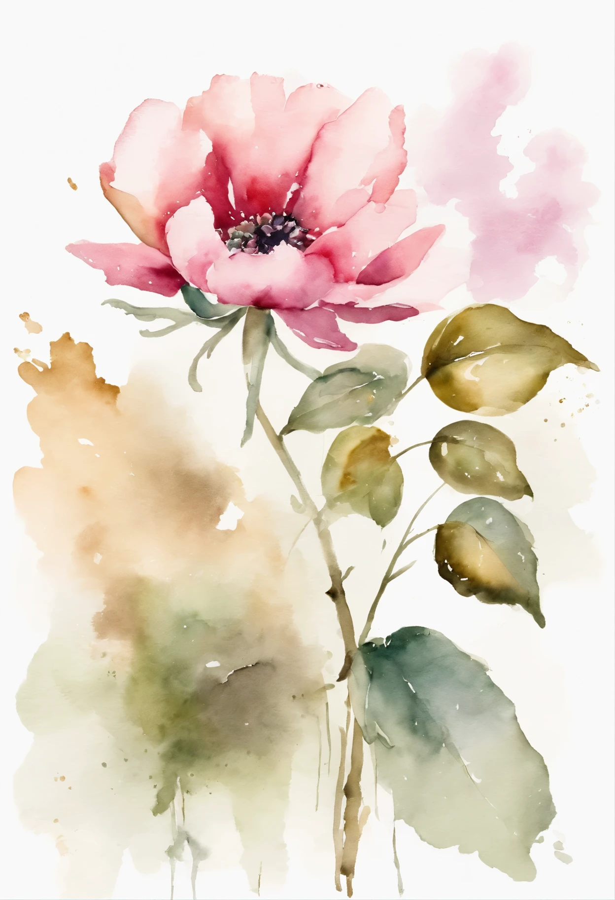 Watercolor flower painting isolated on white background、watercolor paiting、Splash technique to reproduce wet conditions、Blurry atmosphere、Unique composition、Abstract representation、Contains elements of surrealism、Pale tones、Pale pink and gold color scheme、high resolution details、Ink splash effect、Pale colors。