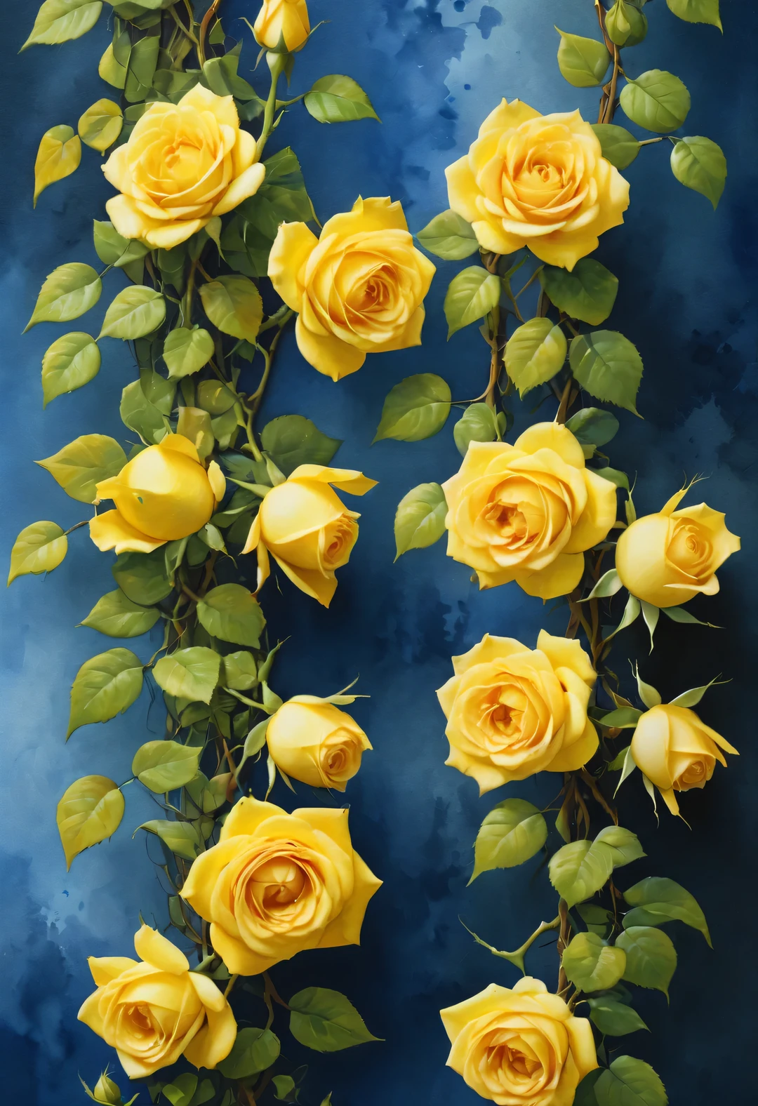 Many Yellow colored rose vines, watercolor painting,, Sampler style, Yellow, Martin Lark, Dima Dmitriev, pack, background: blue