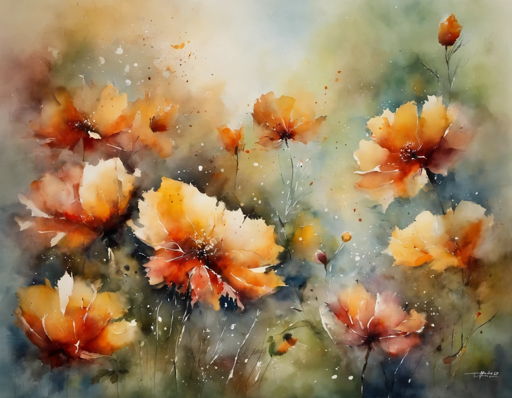 Watercolor flower painting isolated on white background、watercolor paiting、Splash technique to reproduce wet conditions、Blurry atmosphere、Unique composition、Abstract representation、Contains elements of surrealism、Pale tones、Pale pink and gold color scheme、high resolution details、Ink splash effect、Pale colors。