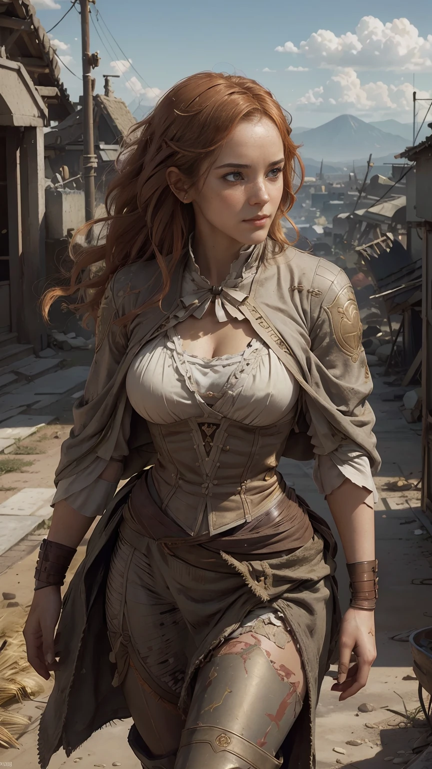 beautiful woman, orange eyes, (blush your nose), fine eyes, cinematic, paint:Greg Rutkowski, Yoji Shinkawa: 0.6 long curly orange hair, defined body, Wearing detailed Victorian-era armor (((Super strong)), masterpiece, highest quality, super detailed, ground, destroyed city background, Shadow, contrast, gray sky, style (look at the audience: 1.2) (skin texture) (film grain: 1.3), ultra high resolution, octane rendering, 16k