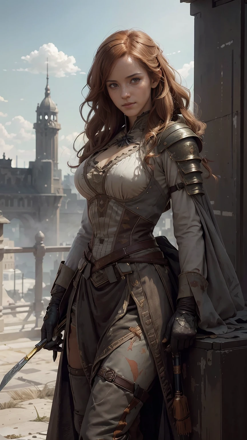beautiful woman, orange eyes, (blush your nose), fine eyes, cinematic, paint:Greg Rutkowski, Yoji Shinkawa: 0.6 long curly orange hair, defined body, Wearing detailed Victorian-era armor (((Super strong)), masterpiece, highest quality, super detailed, ground, destroyed city background, Shadow, contrast, gray sky, style (look at the audience: 1.2) (skin texture) (film grain: 1.3), ultra high resolution, octane rendering, 16k
