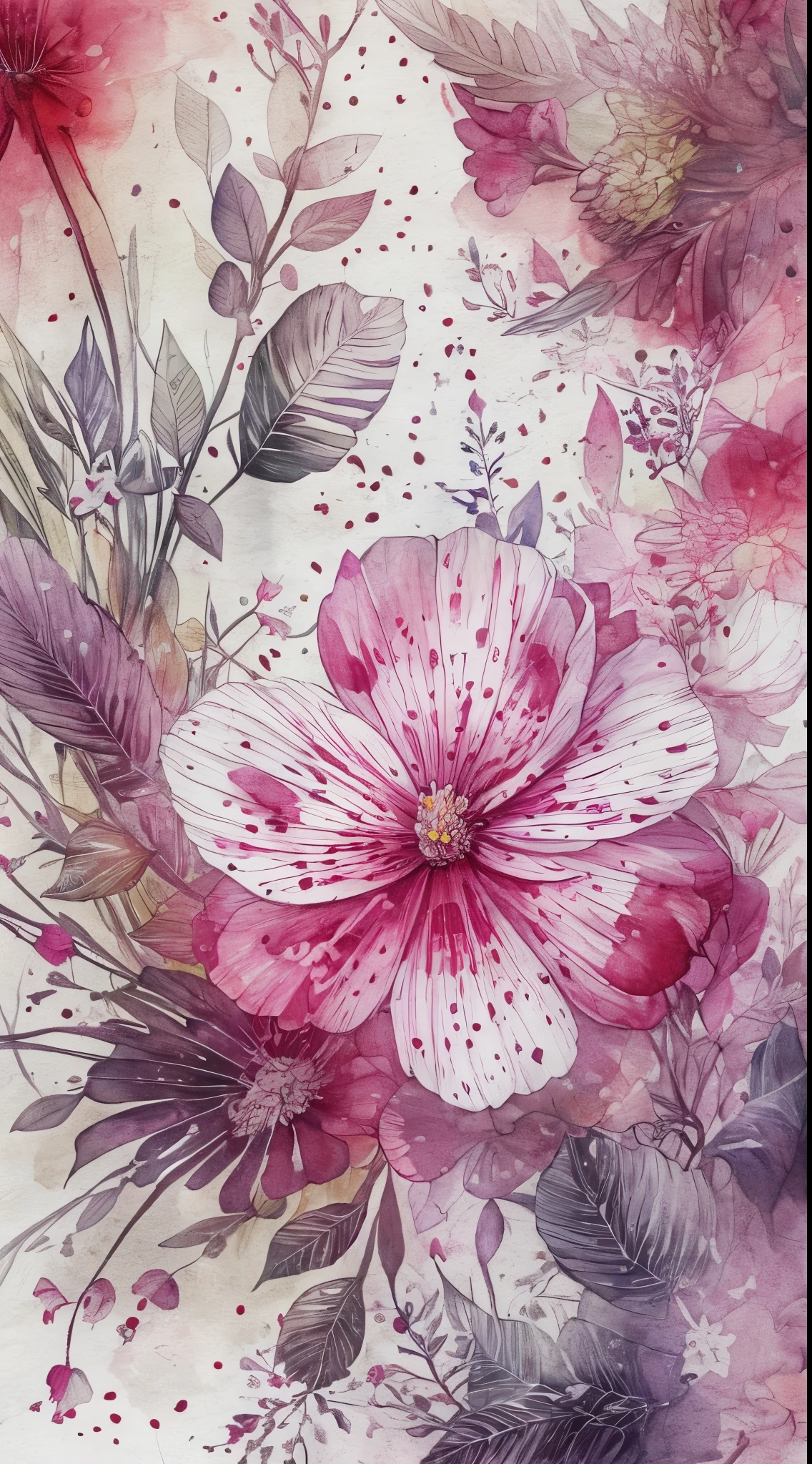 Watercolor flower painting isolated on white background、watercolor paiting、Splash technique to reproduce wet conditions、Blurry atmosphere、Unique composition、Abstract representation、Contains elements of surrealism、Pale tones、Pale pink and gold color scheme、high resolution details、Ink splash effect、Pale colors。