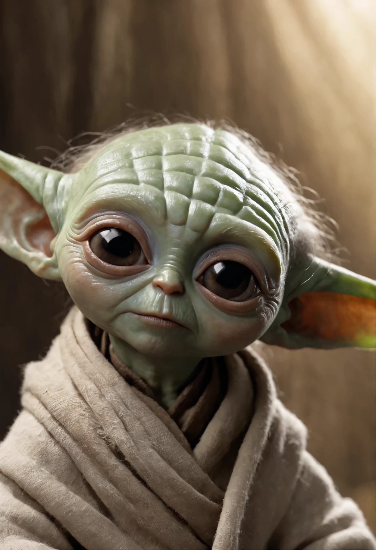 Close-up of Baby Yoda wearing a scarf., greta thunberg as Gollum, Pouting gaze :: octane number, portrait of an elf, photo of demon Gollum, Gollum, donald trump as Gollum, Portrait of a Goblin, Yoda Fantasy Art Portrait, charming digital painting, portrait of a gnome called eldon, Cheburashka