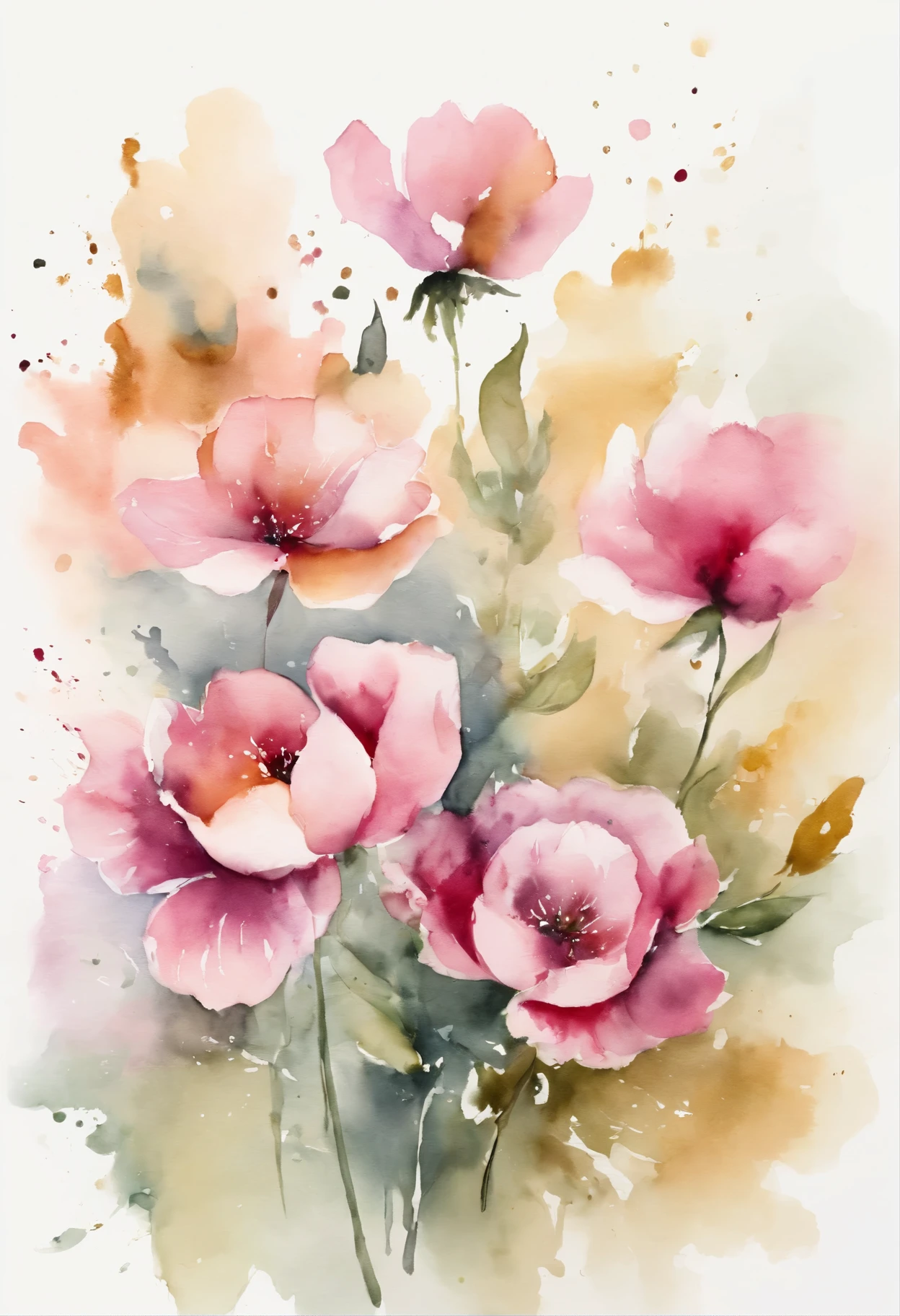 Watercolor flower painting isolated on white background、watercolor paiting、Splash technique to reproduce wet conditions、Blurry atmosphere、Unique composition、Abstract representation、Contains elements of surrealism、Pale tones、Pale pink and gold color scheme、high resolution details、Ink splash effect、Pale colors。