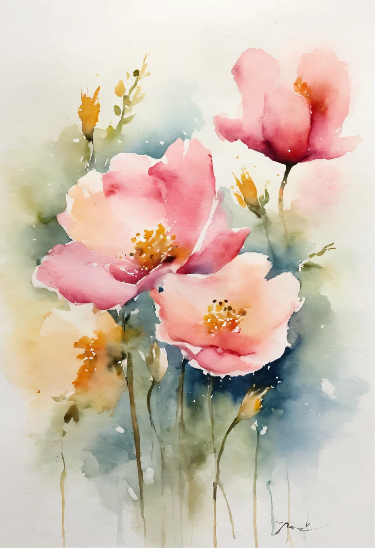Watercolor flower painting isolated on white background、watercolor paiting、Splash technique to reproduce wet conditions、Blurry atmosphere、Unique composition、Abstract representation、Contains elements of surrealism、Pale tones、Pale pink and gold color scheme、high resolution details、Ink splash effect、Pale colors。