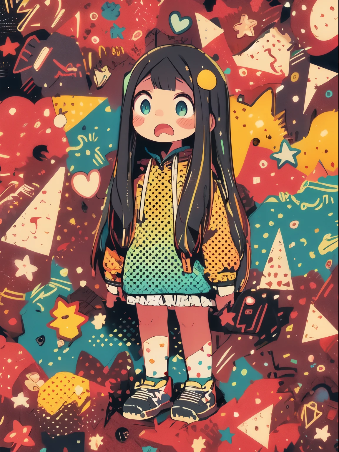 A cartoon-style character with long white hair and a surprised expression, wearing a polka-dotted pink dress and mismatched socks, standing against a vibrant yellow background filled with a pattern of 90s-inspired doodles such as stars, hearts, and geometric shapes. BREAK A front-facing view with the character centered, feet together, looking slightly upward with wide eyes. BREAK Focus on the character's detailed facial expression, notably the round eyes and small mouth, and the textures of the hair and clothing, including the polka dots and the fabric folds. BREAK A background reminiscent of a 90s sticker book, featuring bright yellow with splashes of pink and blue, and filled with a random assortment of playful, hand-drawn doodles such as stars, hearts, watermelons, and abstract shapes.
