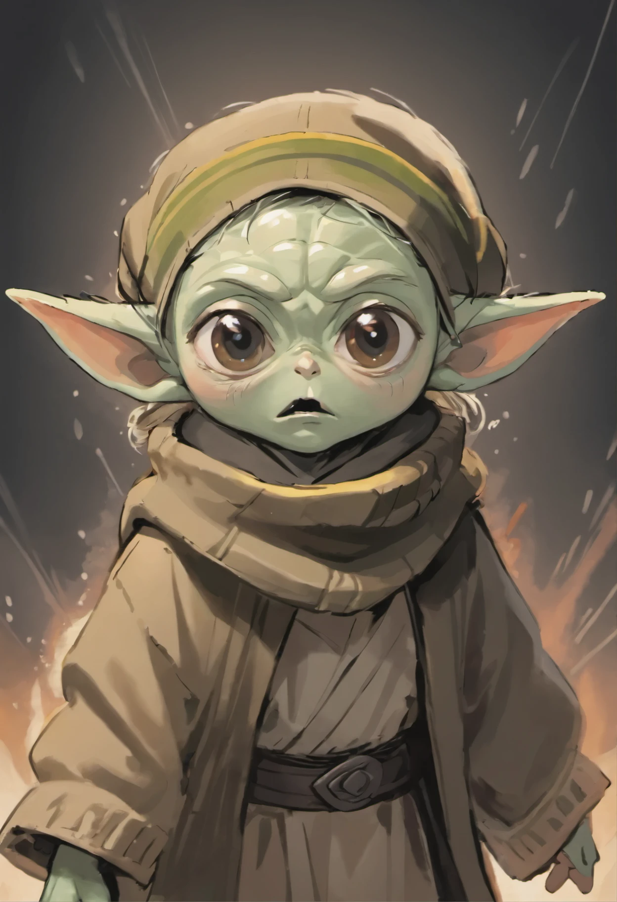 Close-up of Baby Yoda wearing a scarf., greta thunberg as Gollum, Pouting gaze :: octane number, portrait of an elf, photo of demon Gollum, Gollum, donald trump as Gollum, Portrait of a Goblin, Yoda Fantasy Art Portrait, charming digital painting, portrait of a gnome called eldon, Cheburashka
