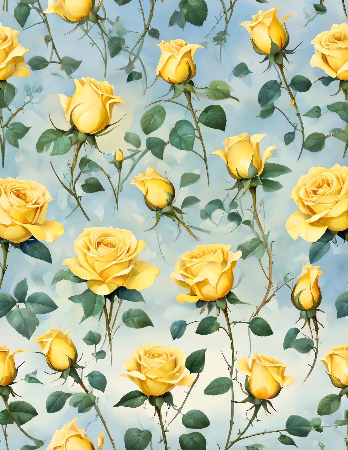 Many Yellow colored rose vines, watercolor painting,, Sampler style, Yellow, Martin Lark, Dima Dmitriev, pack, background: blue