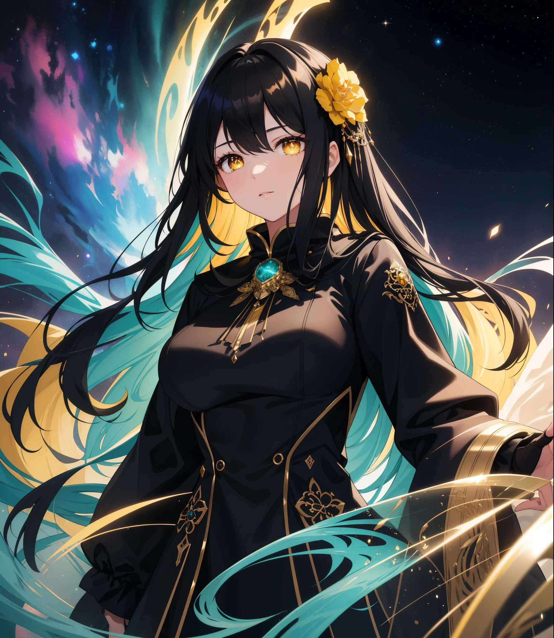 masterpiece, best quality, {{{masterpiece}}}, highres, intricate detail, fine detail, best quality, dynamic light, dynamic shadow, cinematic light, ray tracing, extremely detailed, 1girl, ((black hair)), very long hair, long straight hair, ((yellow pupils)), detailed eyes, first rate female bodies, first rate breasts, huge breasts, halterneck, fur-trimmed coat, dark aura, particle, wind, flower, upper body, looking at viewer, rainbow colored hair, teal short floating dress, cosmic, nebulas, galaxy,