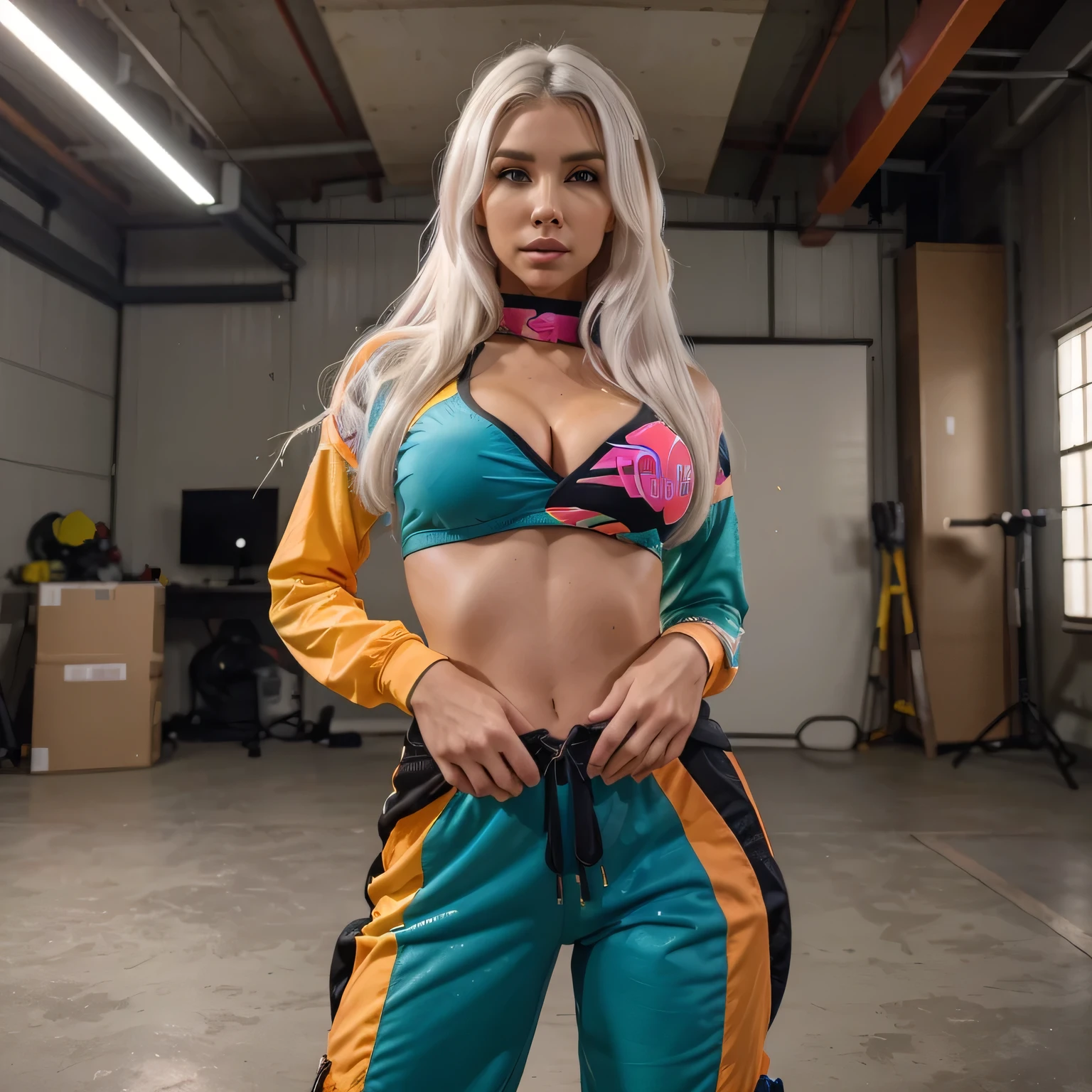 Emily Sears with white hair,dynamische Pose,(best quality,High Resolution:1.2),(realistisch,photo-realistisch:1.37),,Baggy-Outfit,beautiful outfit,enges Outfit,Green,orange,Rot,Gelb,Blau,Rot,Schwarz,Rosa,lila, Unterschiedliche Kamerapositionen.