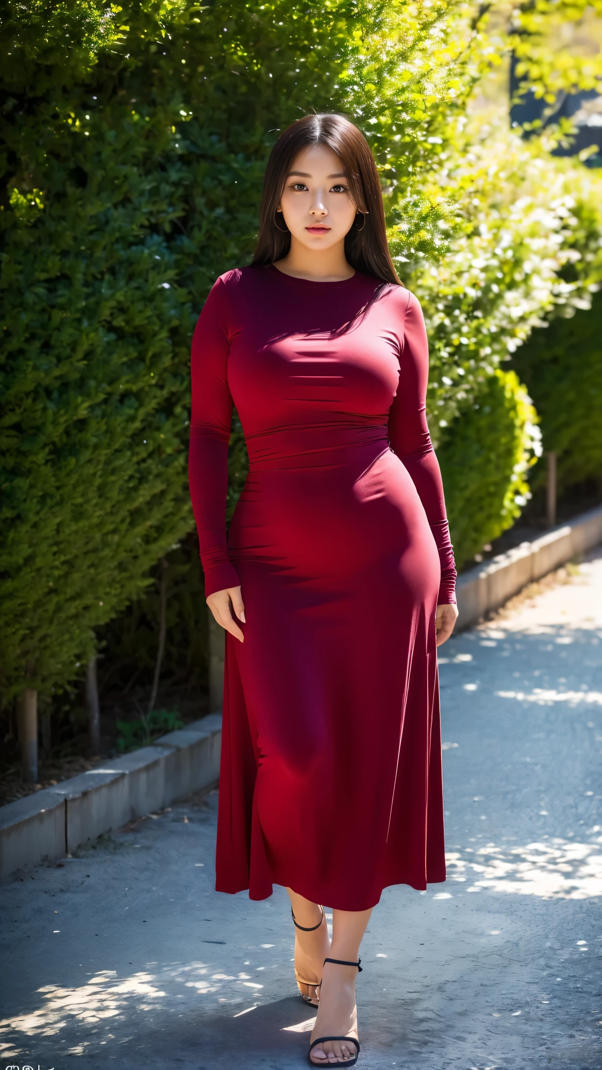(masutepiece,High quality,16k:1.1),(depth of fields:1.3) ,((front body:1.35)), Japanese ,young Girl,standard height, Long Sleeve round neck T-shirt Maxi (((Tight))) Dress, huge breasts, thicc, curvy,(Looking at Viewer:1.3),(full body shot:1.2),