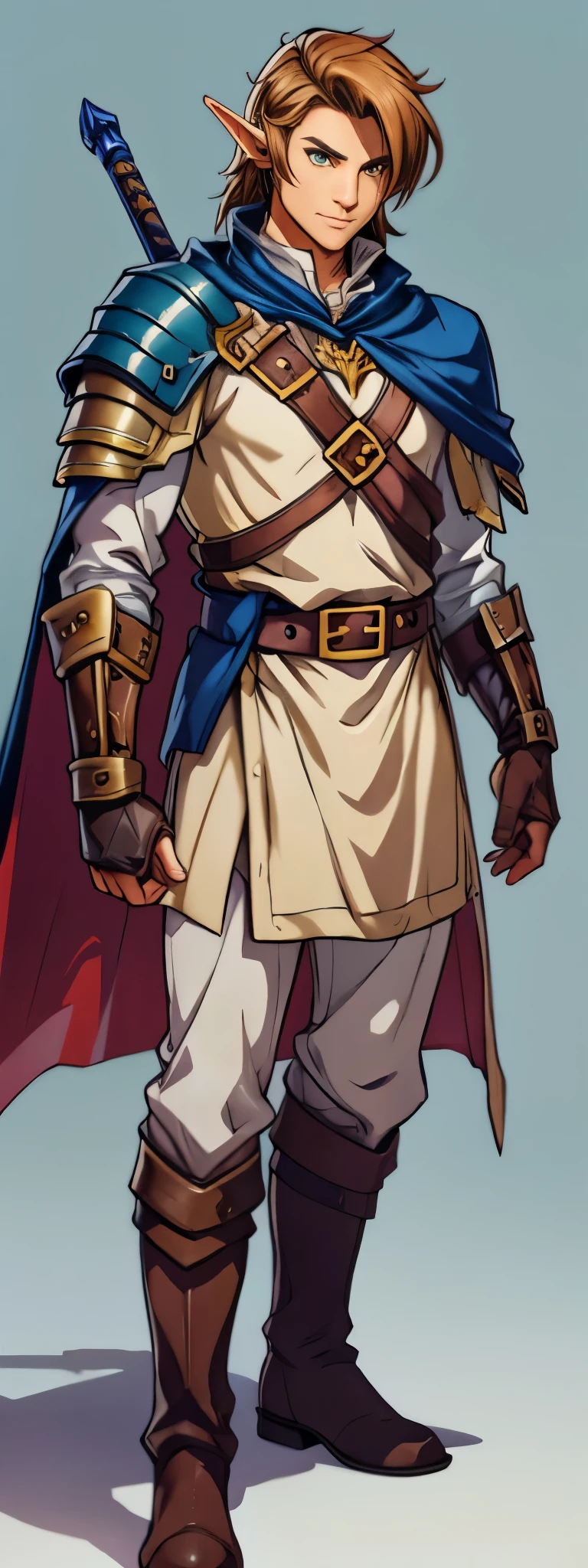 high detailed half-elf male, elf, brown_hair messy_hair smiling_face, green_eyes, scar_across_eye, pointed_ears, tan, armor breastplate blue_cape, leather_gloves, belt, belt_pounch, sheath, paladin knight, simple_background, male_focus solo, final fantasy tactics, jrpg, demacia, vox machina style,link,mature,knight,strong,warrior,royal,uniform,detailed,shaded, beautiful,king, (knee-high boots),(character design),