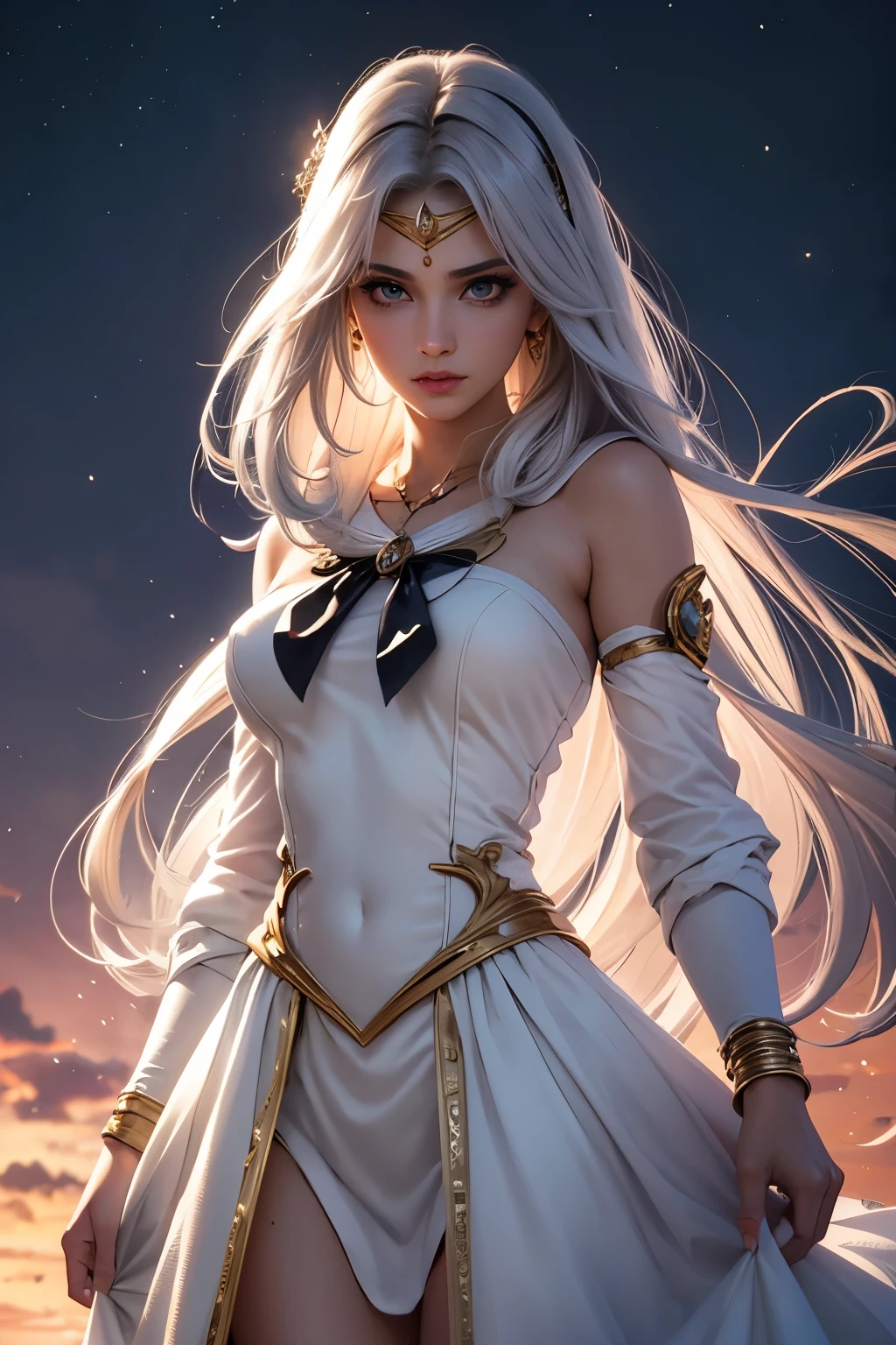 Top Quality, Masterpiece, Ultra High Definition, (Photorealistic: 1.4), Raw Photo, 1 Girl, Dramatic Lighting, Full Body, cyberpunk aesthetic, beautiful girl, light iridescent hair, long hair, pastel cybernetics, grey eyes, long eyelashes, full lips, celestial, light, sailor moon inspired, forehead tiara, half body, cyber city background, white mage, happy, whimsical fantasy dress, fantasy outfit, whimsical