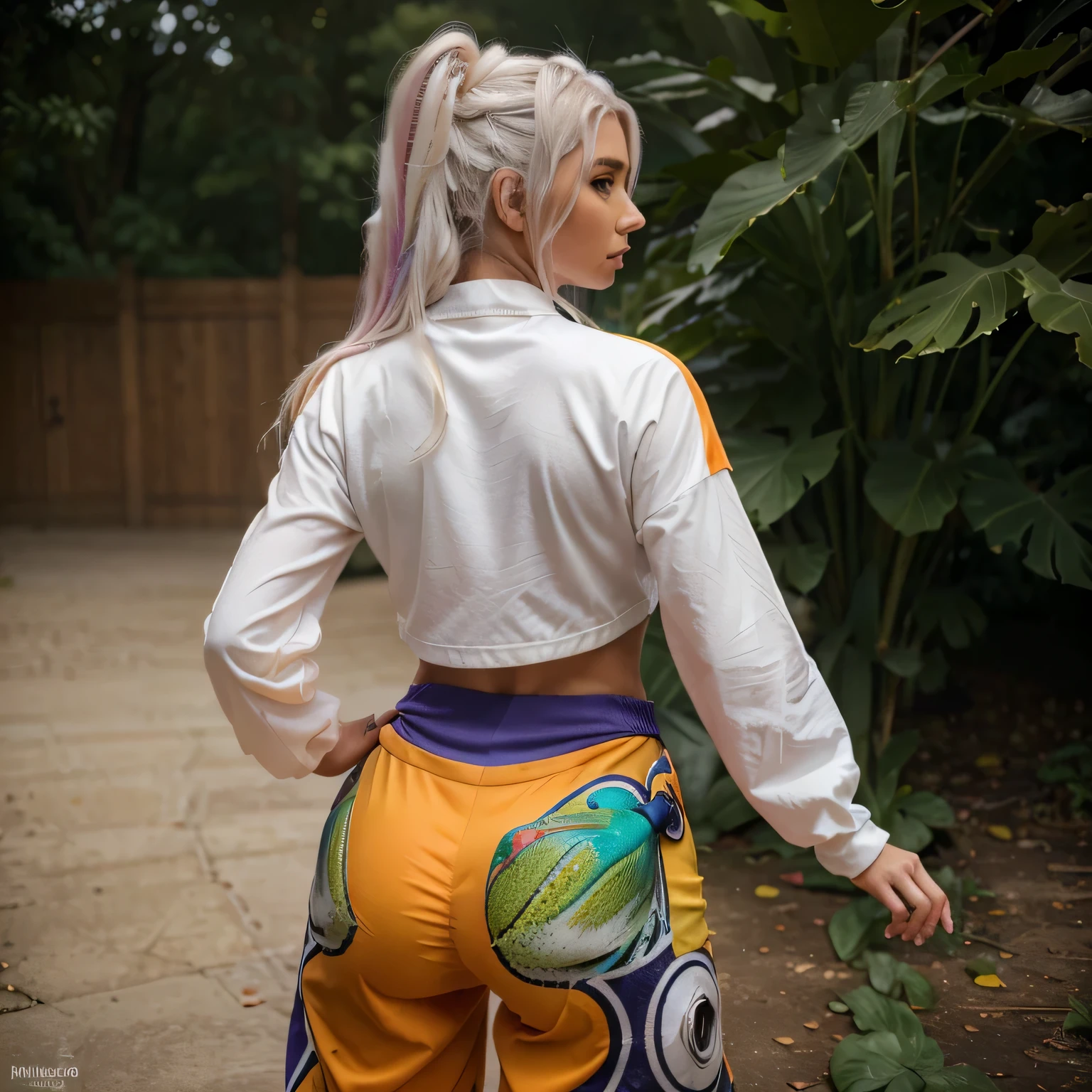 Emily Sears with white hair,dynamische Pose,(best quality,High Resolution:1.2),(realistisch,photo-realistisch:1.37),,Baggy-Outfit,beautiful outfit,enges Outfit,Green,orange,Rot,Gelb,Blau,Rot,Schwarz,Rosa,lila, Unterschiedliche Kamerapositionen (Vorderseite,back,Seite,Vogelaugen,Frosch).