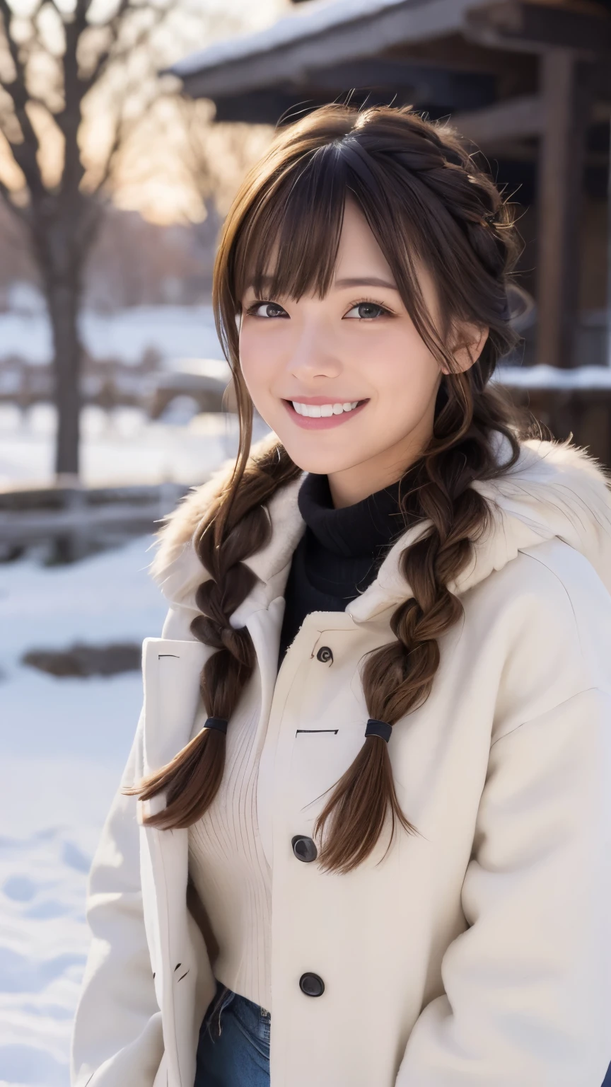 "(best quality,4k,8k,highres,masterpiece:1.2),ultra-detailed,(realistic,photorealistic,photo-realistic:1.37),portrait,landscape,girl,alone,smiling,yellow eyes,simple background,fur trim,open mouth,blush,winter outfit,white coat,long sleeves,braided hair,bangs,swept bangs,white teeth,warm colors,natural lighting"