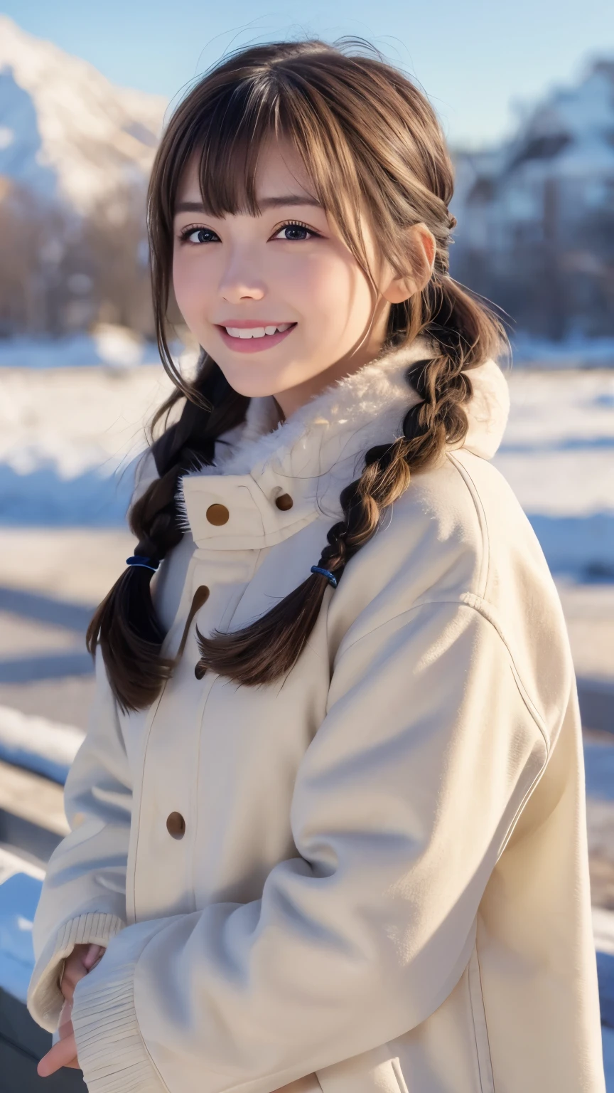 "(best quality,4k,8k,highres,masterpiece:1.2),ultra-detailed,(realistic,photorealistic,photo-realistic:1.37),portrait,landscape,girl,alone,smiling,yellow eyes,simple background,fur trim,open mouth,blush,winter outfit,white coat,long sleeves,braided hair,bangs,swept bangs,white teeth,warm colors,natural lighting"