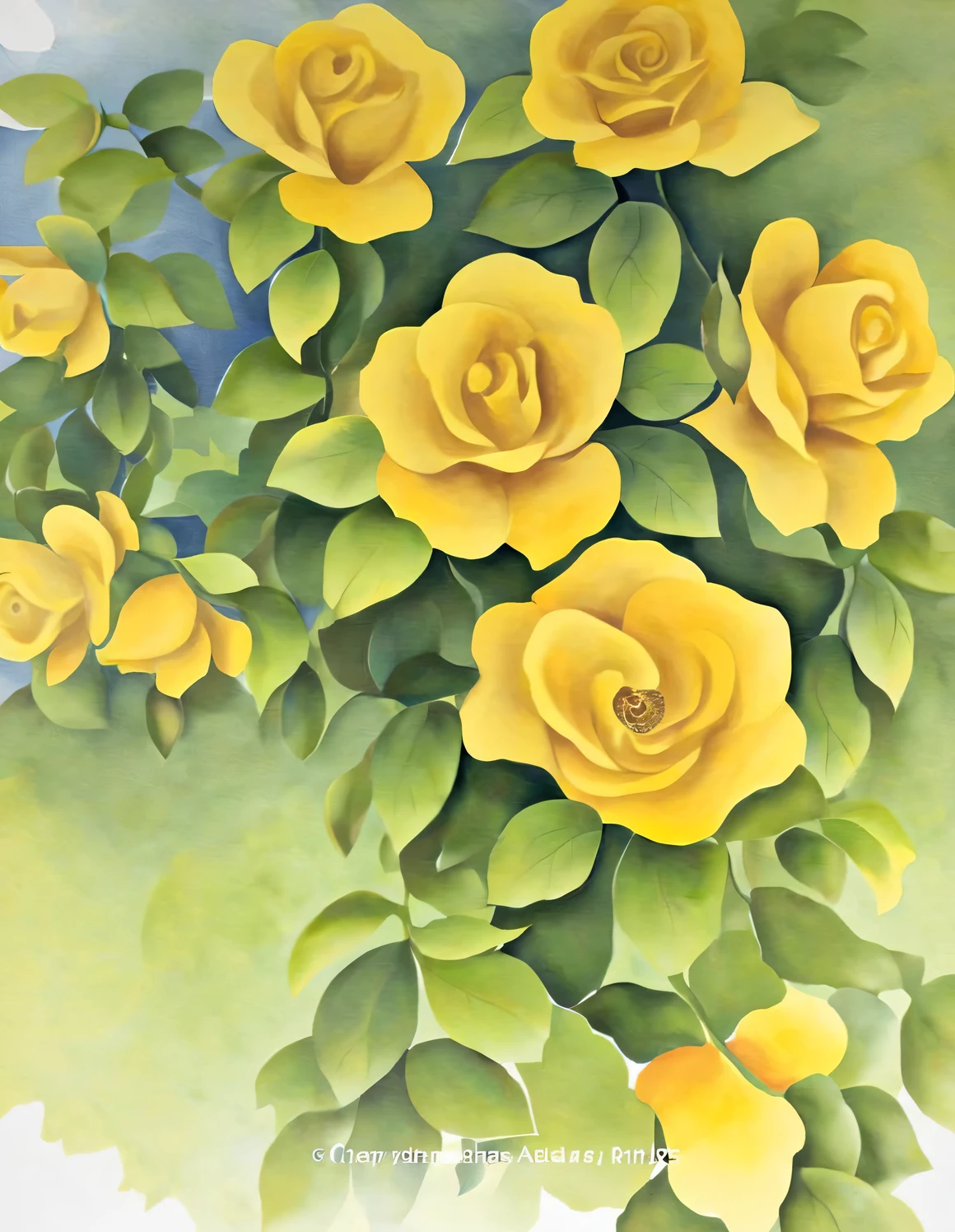 Many Yellow colored rose vines, watercolor painting,, Sampler style, Yellow, Martin Lark, Dima Dmitriev, pack, background: blue