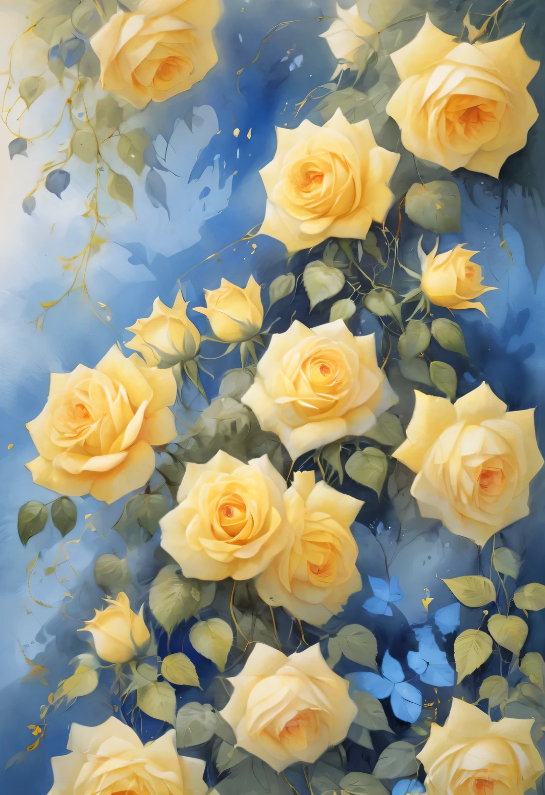 Many Yellow colored rose vines, watercolor painting,, Sampler style, Yellow, Martin Lark, Dima Dmitriev, pack, background: blue