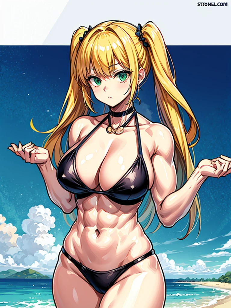 （（（masterpiece、Highest image quality、highest quality、highly detailed unity 8ｋwallpaper）））、（（Illustration of one girl））、（（（beautiful girl）））、（（blonde、two side up、sidelocks、green eyes））、（（（tall、stocky build, thickset physique, muscular legs, broad shoulders, solid chest）））、swimsuit、sandy beach