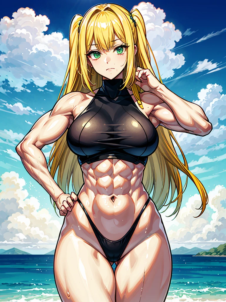 (((masterpiece、Highest image quality、highest quality、highly detailed unity 8kwallpaper)))、((Illustration of one girl))、(((beautiful girl)))、((blonde、two side up、sidelocks、green eyes))、(((tall、stocky build, thickset physique, muscular legs, broad shoulders, solid chest)))、swimsuit、sandy beach