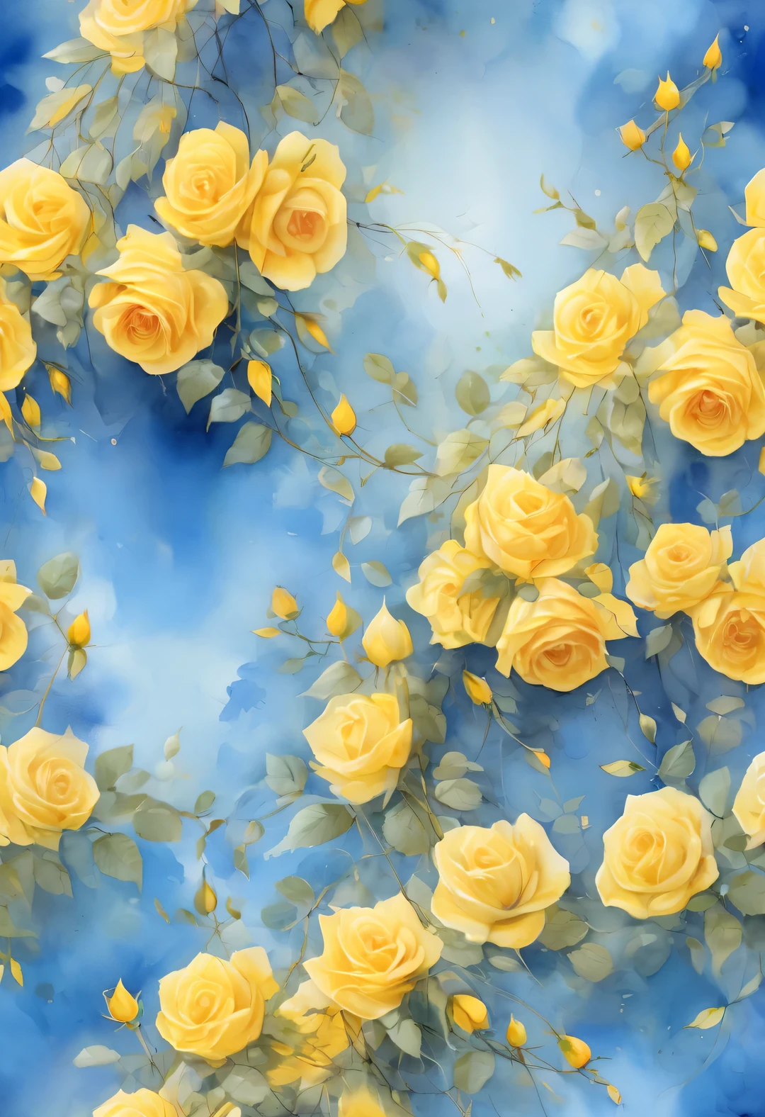 Many Yellow colored rose vines, watercolor painting,, Sampler style, Yellow, Martin Lark, Dima Dmitriev, pack, background: blue