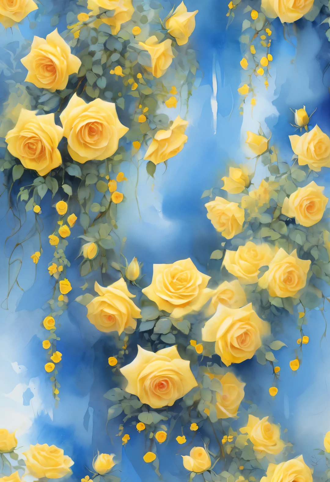 Many Yellow colored rose vines, watercolor painting,, Sampler style, Yellow, Martin Lark, Dima Dmitriev, pack, background: blue