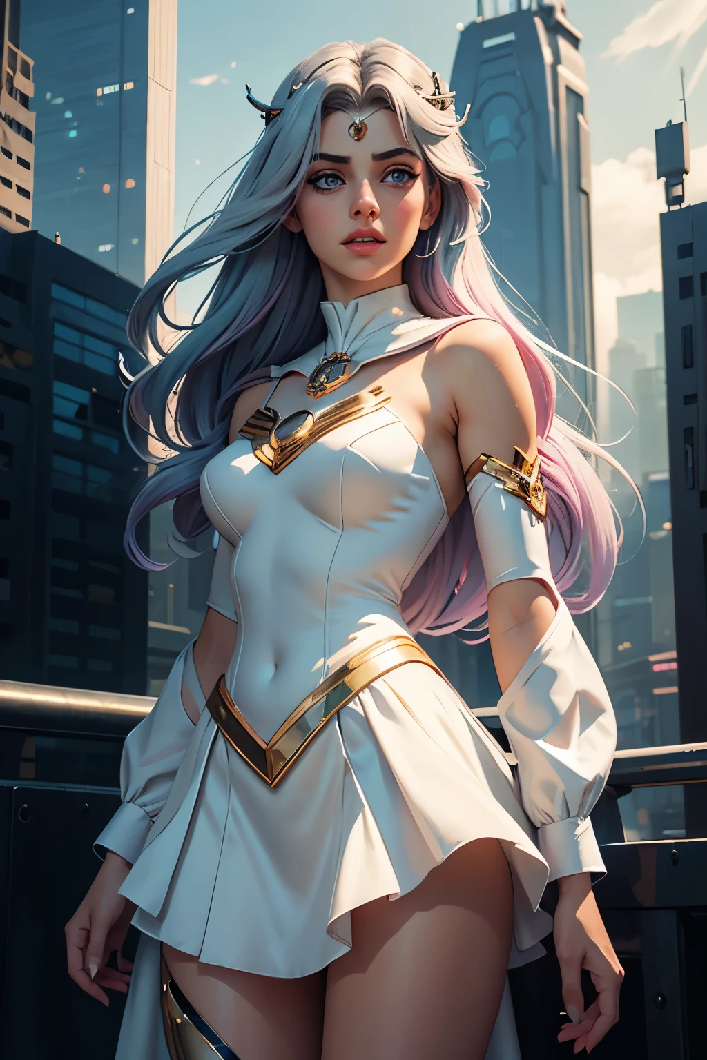 Top Quality, Masterpiece, Ultra High Definition, (Photorealistic: 1.4), Raw Photo, 1 Girl, Dramatic Lighting, Full Body, cyberpunk aesthetic, beautiful girl, light iridescent hair, long hair, pastel cybernetics, grey eyes, long eyelashes, full lips, celestial, light, sailor moon inspired, forehead tiara, half body, cyber city background, white mage, happy, whimsical fantasy dress, fantasy outfit, whimsical