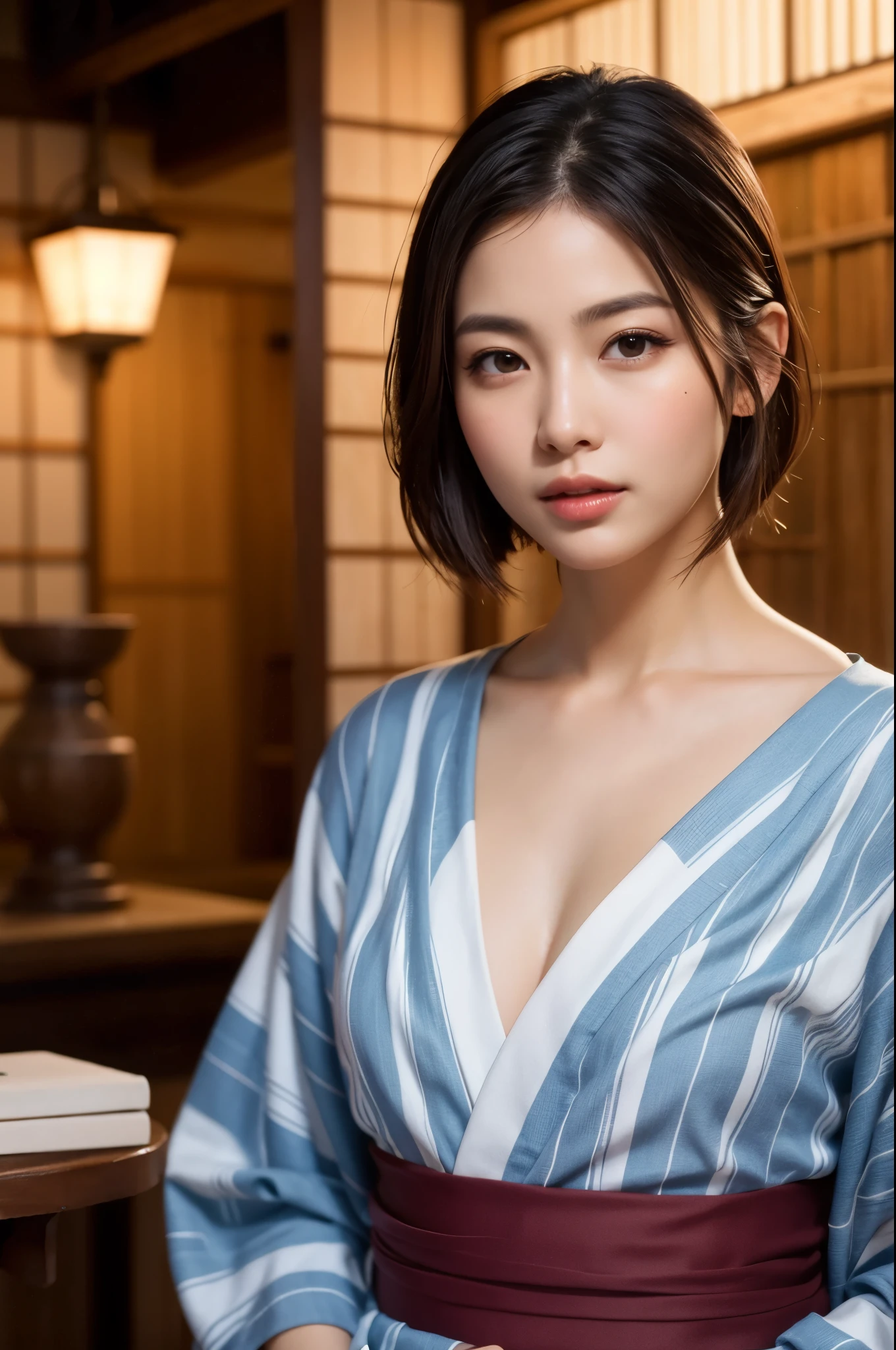 Highly detailed CG Unity 8k wallpaper, highest quality, masterpiece, (Realistic, photorealistic:1.4), ultra high res, (A beautiful Japanese Mature Woman in a Yukata with Monotone vertical stripes, solo), Inside a room in an old-fashioned Japanese onsen ryokan, cowboy shot, Perfect feminine figure, Fascinating milf, Amazing beautiful face, bewitching Goddess, parted lips, (glossy skin), cinematic composition, professional warm lighting and shading, ((extremely detailed eyes and face, eyes with beautiful details, insanely detailed beautiful realistic skin texture)), (correct body balance, accurate hands, accurate eyes)