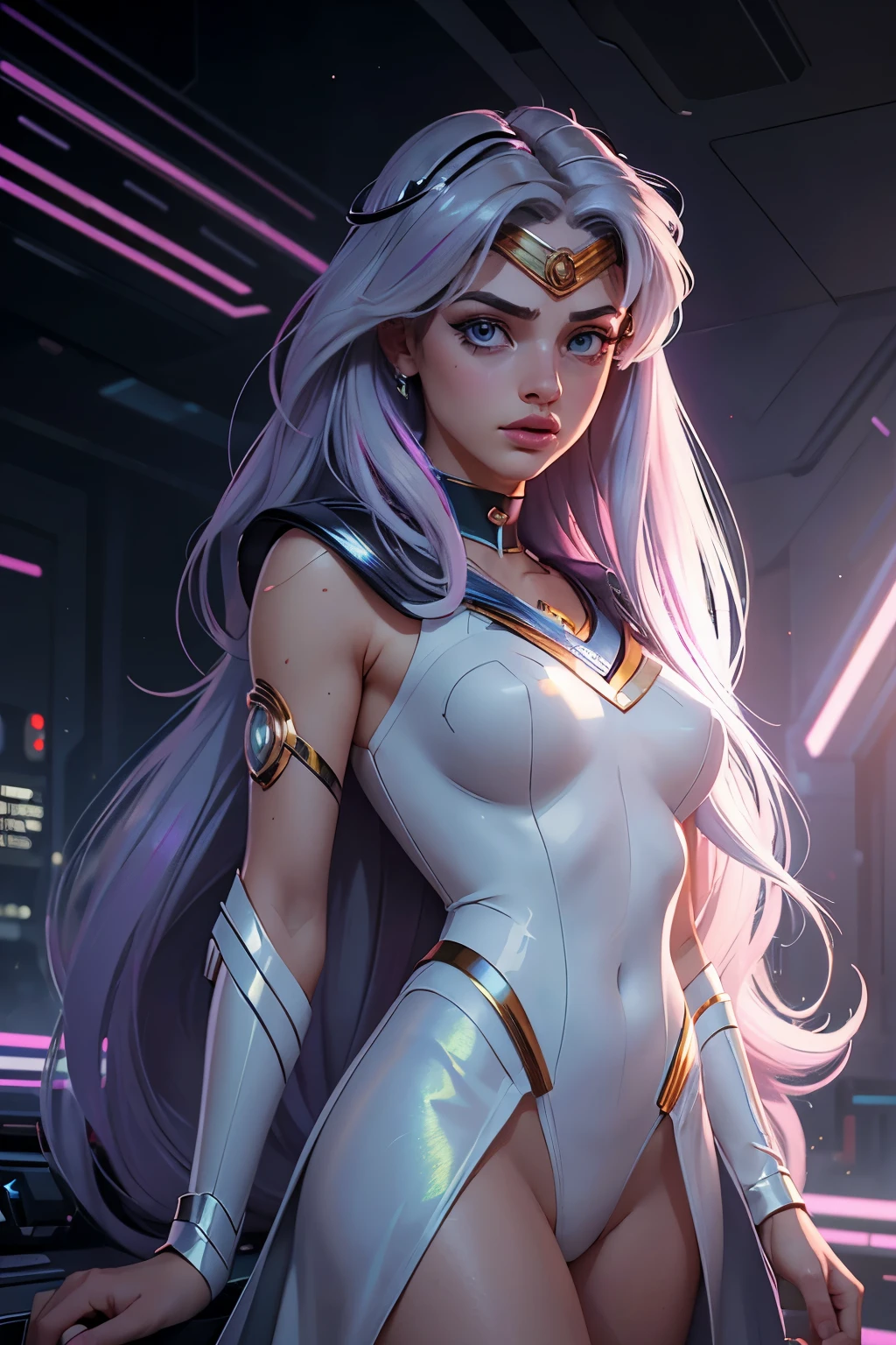 Top Quality, Masterpiece, Ultra High Definition, (Photorealistic: 1.4), Raw Photo, 1 Girl, Dramatic Lighting, Full Body, cyberpunk aesthetic, beautiful girl, light iridescent hair, long hair, pastel cybernetics, grey eyes, long eyelashes, full lips, celestial, light, sailor moon inspired, forehead tiara, half body, cyber city background, white mage