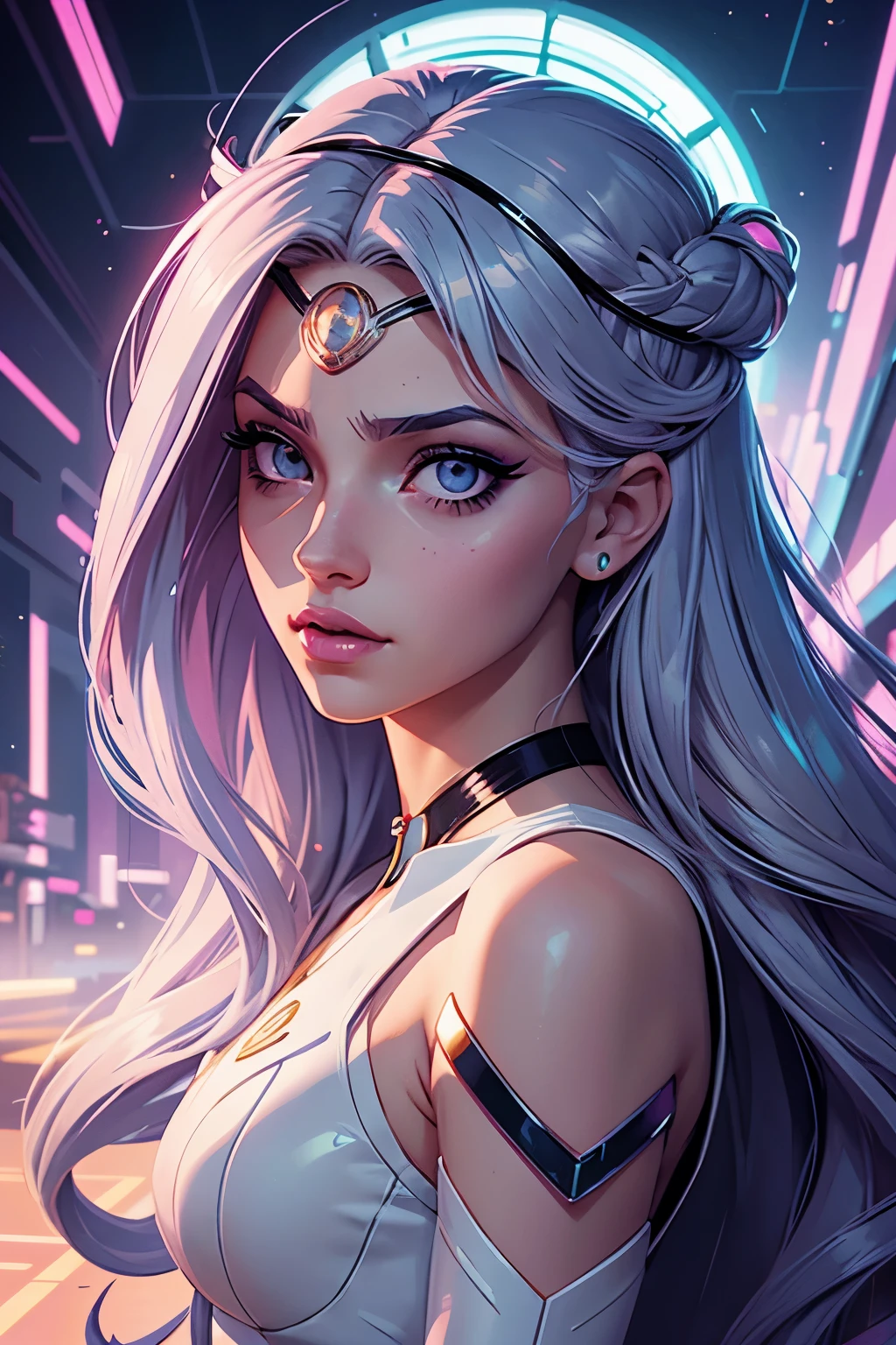 cyberpunk aesthetic, beautiful girl, light iridescent hair, long hair, pastel cybernetics, grey eyes, long eyelashes, full lips, celestial, light, sailor moon inspired, forehead tiara, half body, cyber city background, white mage