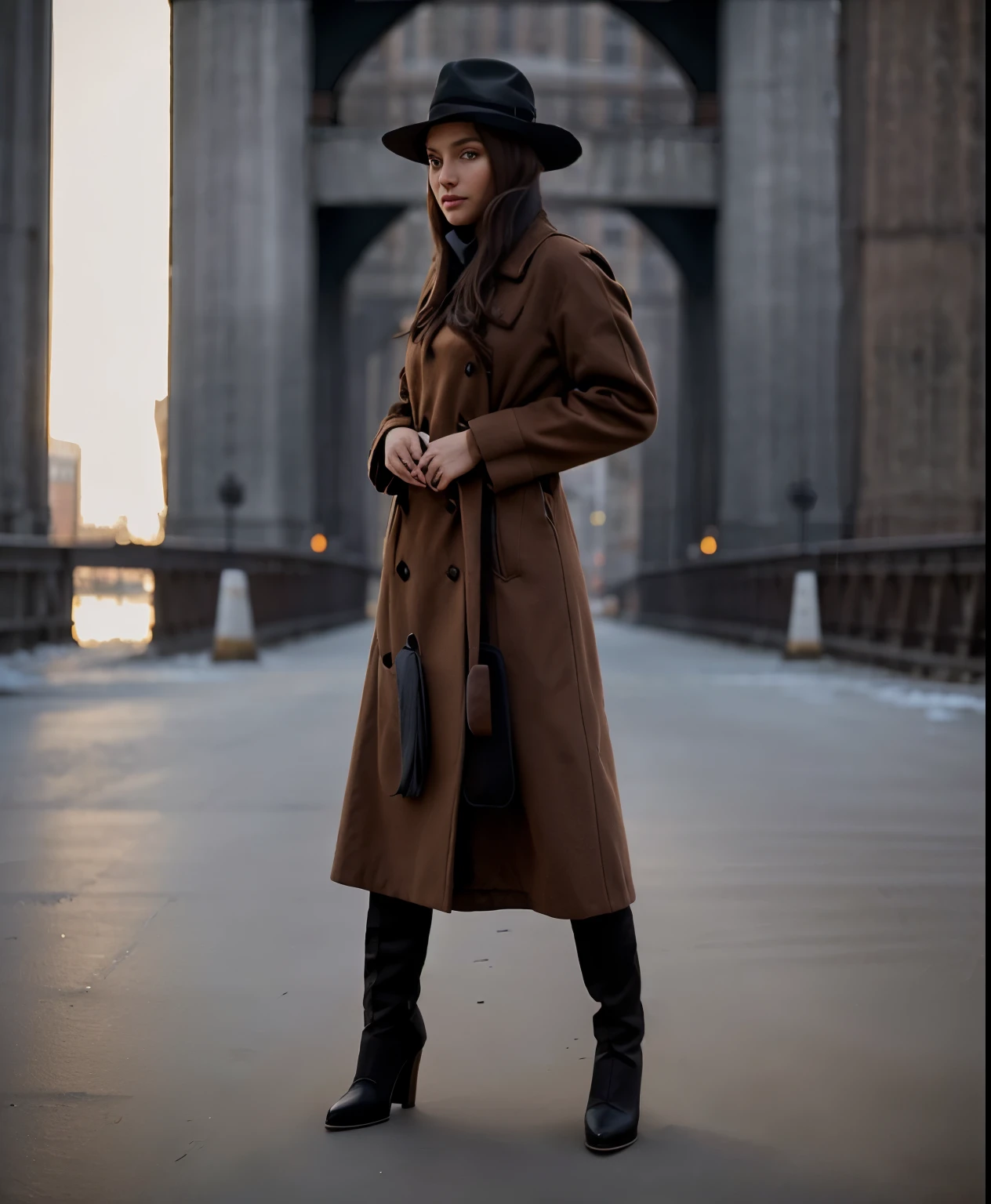 a woman in a brown coat and black hat posing for a picture, brown robes, trenchcoat, wearing a long coat,aesthetic background,a bridge in background,background blur,aesthetic photograph,new work background