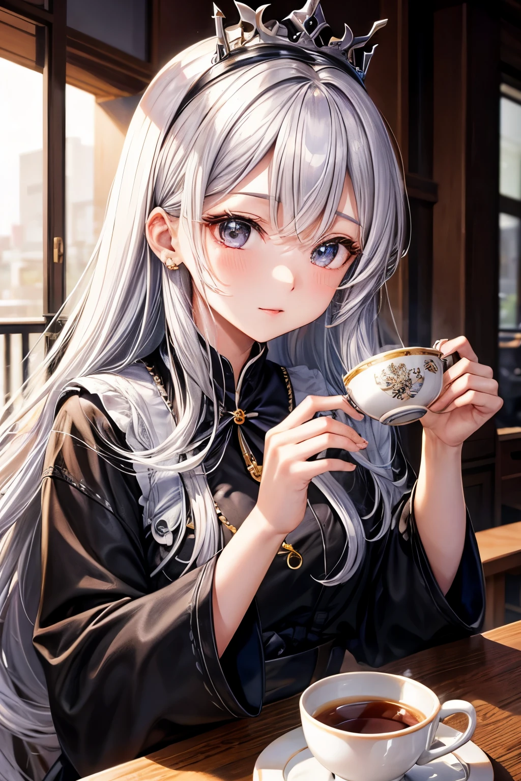 silver hair、Drinking black tea、cute、Queen、22 years old、asia princess