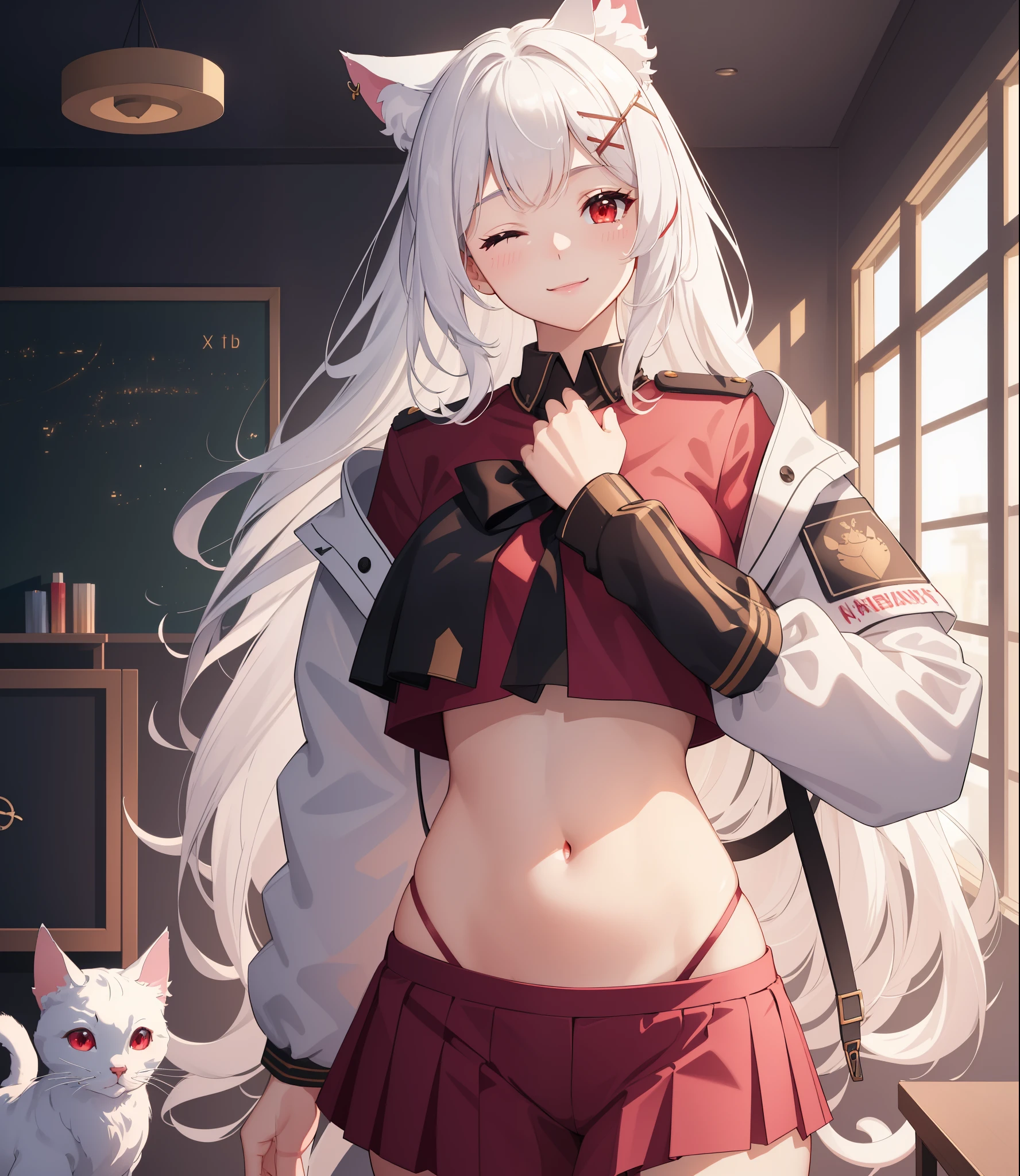 (extremely detailed CG unity 8k wallpaper), (((masterpiece))), (((best quality))), ((ultra-detailed)), (((illustration))), (best shadow), ((an extremely delicate and beautiful)), (detailed light), (well designed face), amazing face, (super detailed), cinematic shot, beautiful detailed eyes, detailed background, 1girl, ((white hair)), ((red eyes)), ((cat ears)), firts rate breasts, first rate female bodies, long hair, x hair ornament, school uniform, pink panties, ((midriff)), ((navel)), upper body, jacket, open jacket, interior design, classroom, spread navel, bewitching thighs, smile, one eye closed, hand on own chest, garter belt, stocking,