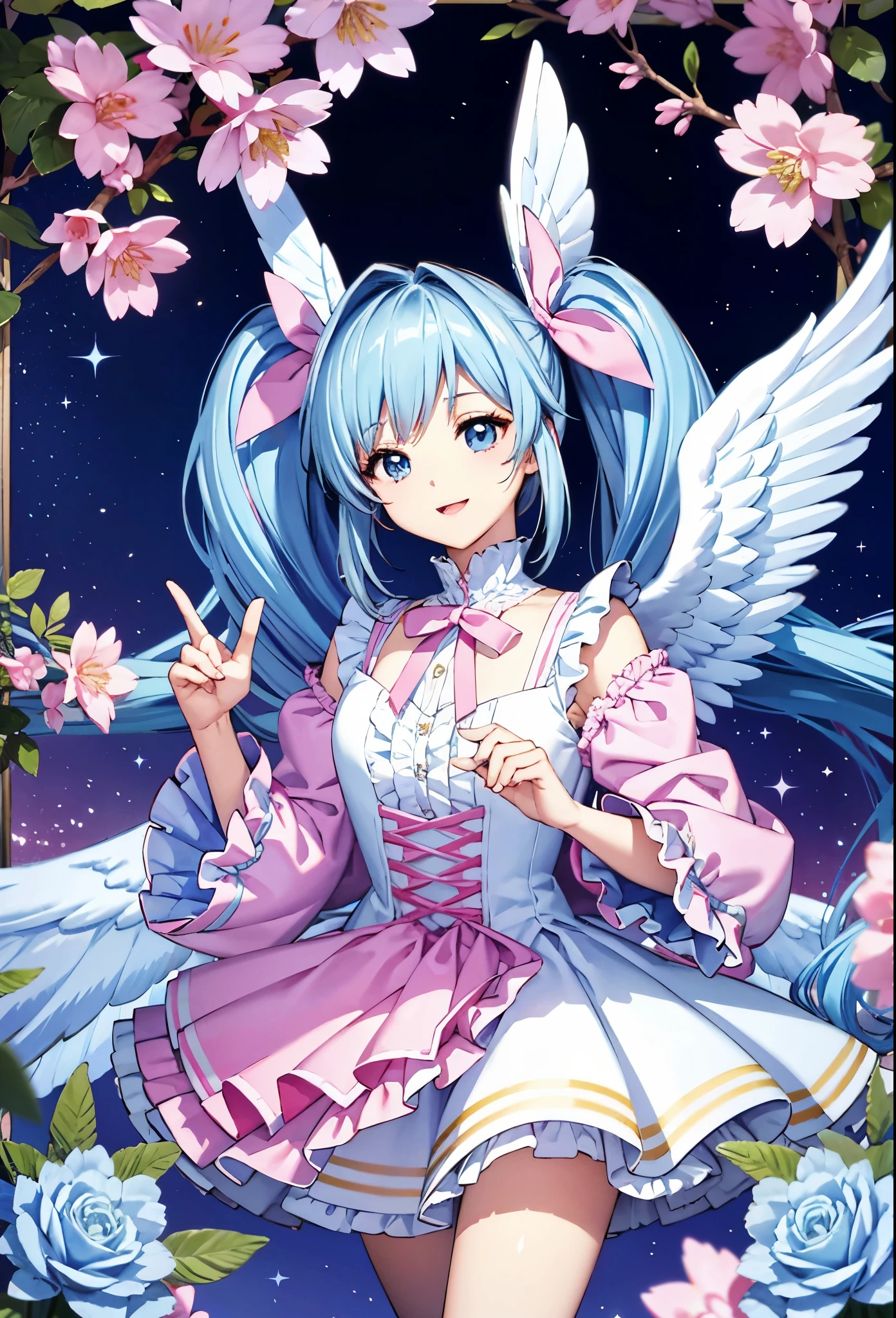 Big big wings of colorful glowing angel、pretty girl、adorable smile、light blue long hair、twin tails、Colorful angel costume in white and pink Lolita style with lots of frills、((highest quality))、((masterpiece))、(very detailed、most detailed、official art、beautiful beautiful:1.2)