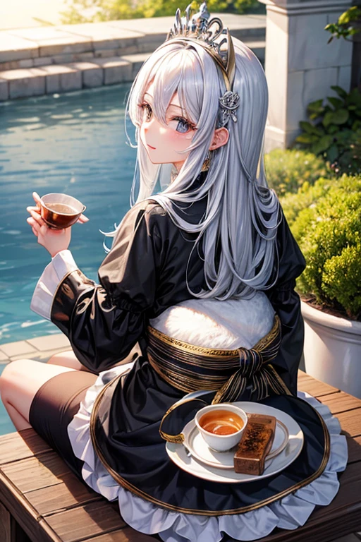 silver hair、Drinking black tea、cute、Queen、28 years old、back royal palace