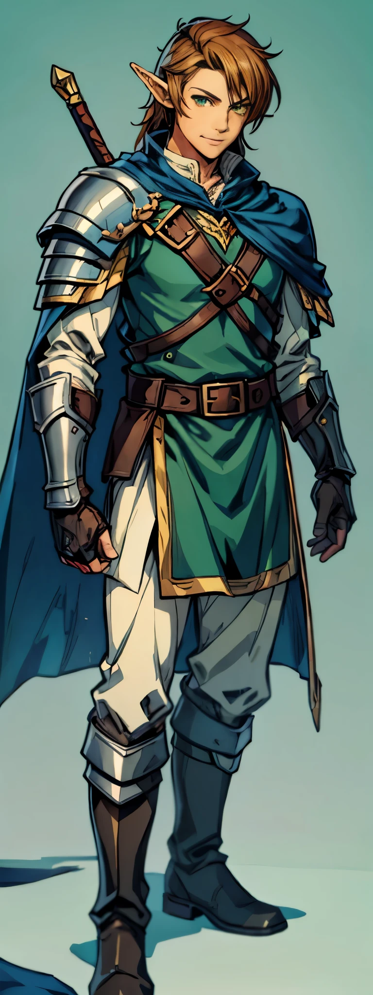 high detailed half-elf male, elf, brown_hair messy_hair smiling_face, green_eyes, scar_across_eye, pointed_ears, tan, armor breastplate blue_cape, leather_gloves, belt, belt_pounch, sheath, paladin knight, simple_background, male_focus solo, final fantasy tactics, jrpg, demacia, vox machina style,link,mature,knight,strong,warrior,royal,uniform,detailed,shaded, beautiful,king, (knee-high boots),(character design),