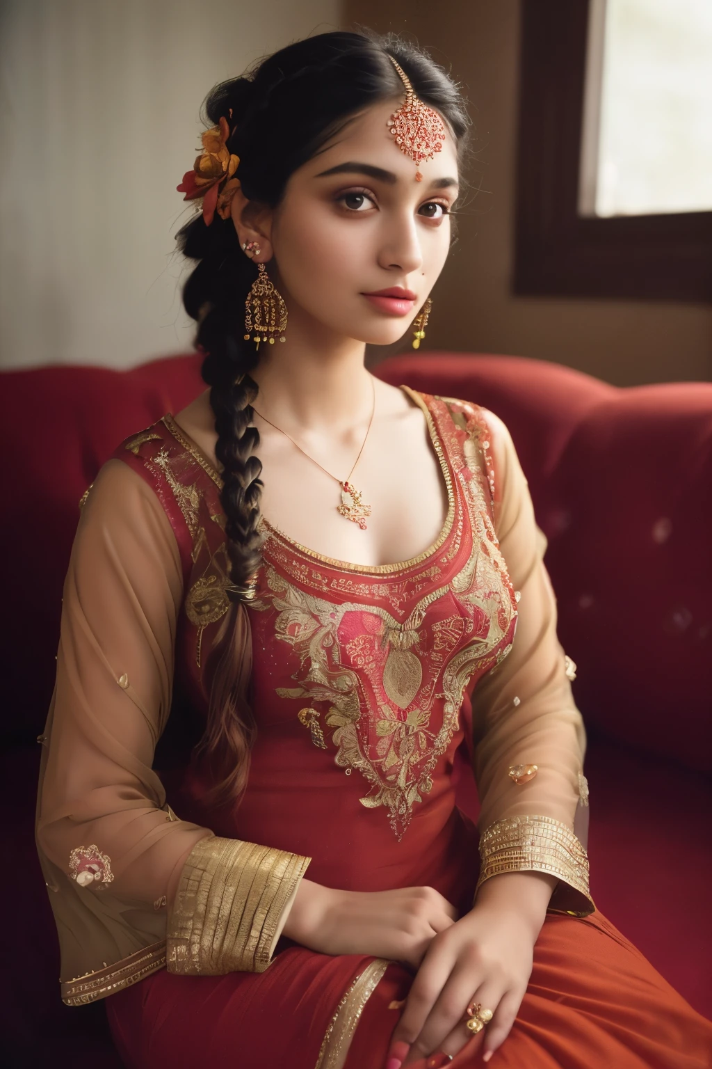 (party dress、Big piercings、a necklace、hair adornments、Up Hairstyles、Floral hair ornament、 editorial photograph of a 21 year old woman), (Highly detailed face:1.4) (Smile:0.7)by lee jeffries, Nikon D850, film stock photograph ,4 Kodak Portra 400 ,Camera F1.6 lens ,Rich colors ,Hyper realistic ,Lifelike texture, Dramatic Lighting , cinestill 800, wearing Salwar Kameez sitting on sofa