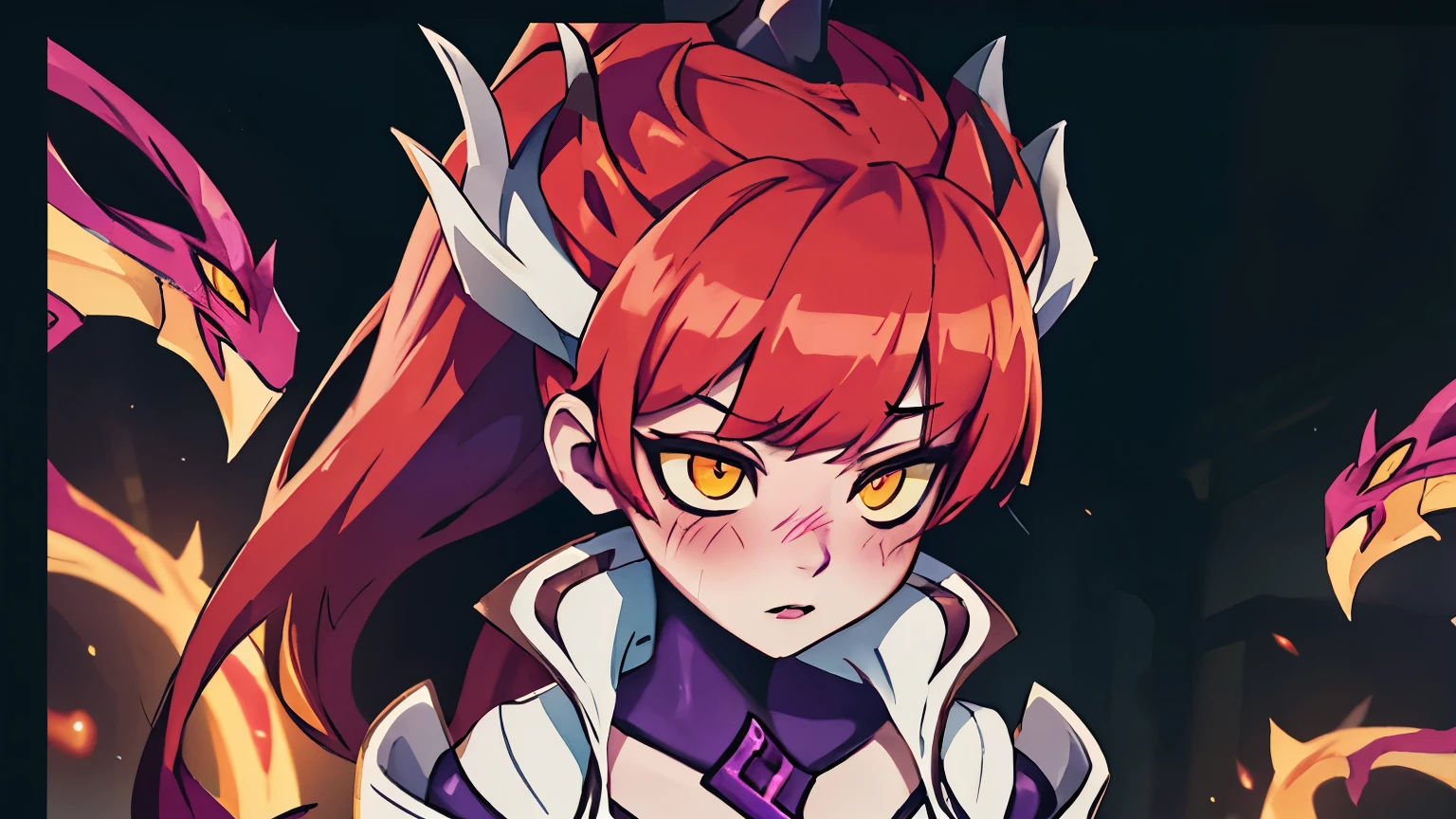 out of frame, Zyra - Crime City Nightmare - League of Legends, HD, white clothes, red hair, blush, yellow eyes