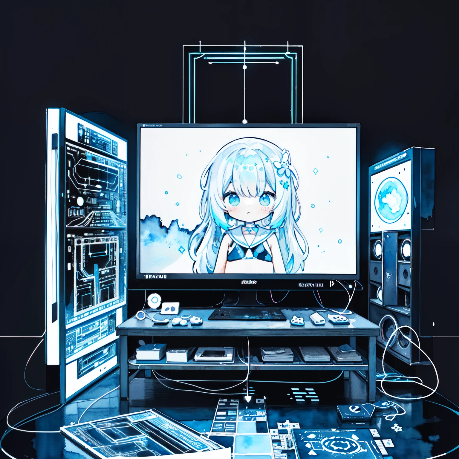 (PastelColors:1.3)、(Cute illustration:1.3)、(watercolor paiting:1.1)、hands on own hip、light blue theme、A large feather made of electronic circuits、A corner made of electronic circuits、high heels、school bikini、big bulging skirt、The background is cyberspace、Filled with a sea of electronic circuits、neon、Monitor room、particle of electron、Close-up、black background