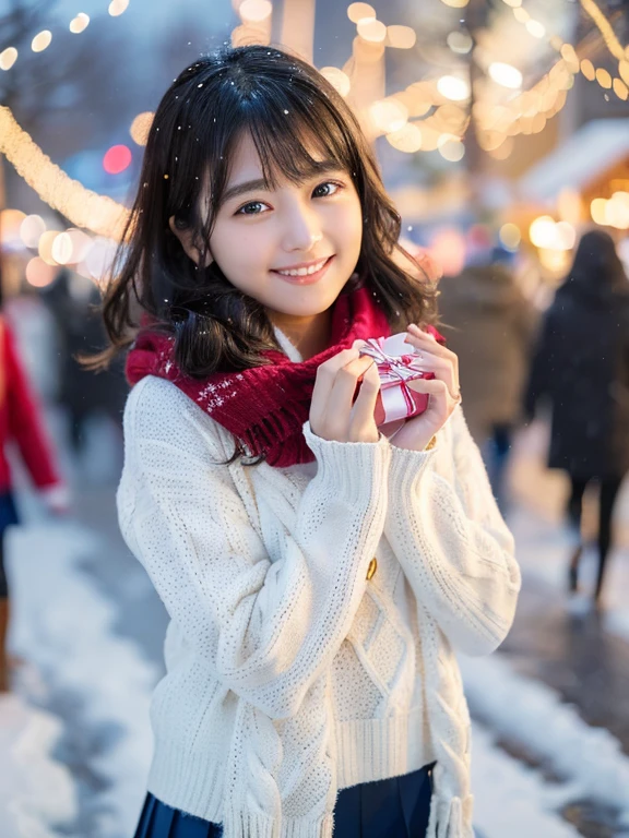 (One girl、She has a shy smile and hair waving in the wind as she holds a gift box in her hand :1.3)、(Snowy winter night street corner with Christmas lights:1.5)、(Perfect Anatomy:1.3)、(No mask:1.3)、(complete fingers:1.Phototriaritic、Photography、masutepiece、top-quality、High resolution, delicate and pretty、face perfect、Delicate and beautiful eye air skin、Real Human Skin、pores、((thin legs))、(Dark hair),((no-makeup))、(realisitic、Photorealsitic、ultra-detailliert、Highest Details Skins、top-quality、masterpiece、超A high resolution)、Cute Japan Woman、sixteen years old、hi-school girl、younggirl、1 girl in、I have bangs、二重まぶた、drooing eyes、Large black eyes、Charming、purity、Cute smile、Natural smile、View here、Realistic skin type、thick white muffler、White knitted sweater、fluffy hair、((hair inside scarf))、The wind is blowing、It's snowing、illuminations、Lighting from behind、Medium Bob Cut、Do not show ears,eyes are big,slightly flabby eyes,no-makeup,