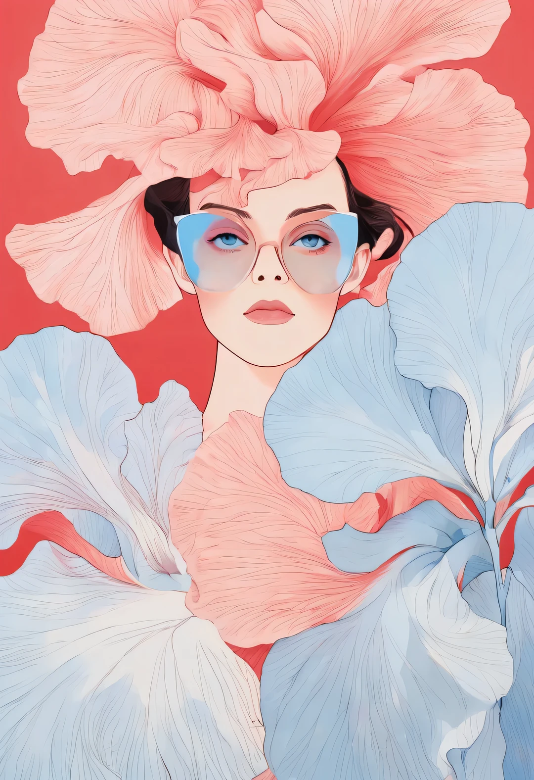 Fashionable Iris created by Sydney illustrator Seth Daniels, Featuring light red and light blue styles, movie poster, Bold graphic design elements, close-up, and decorative arts