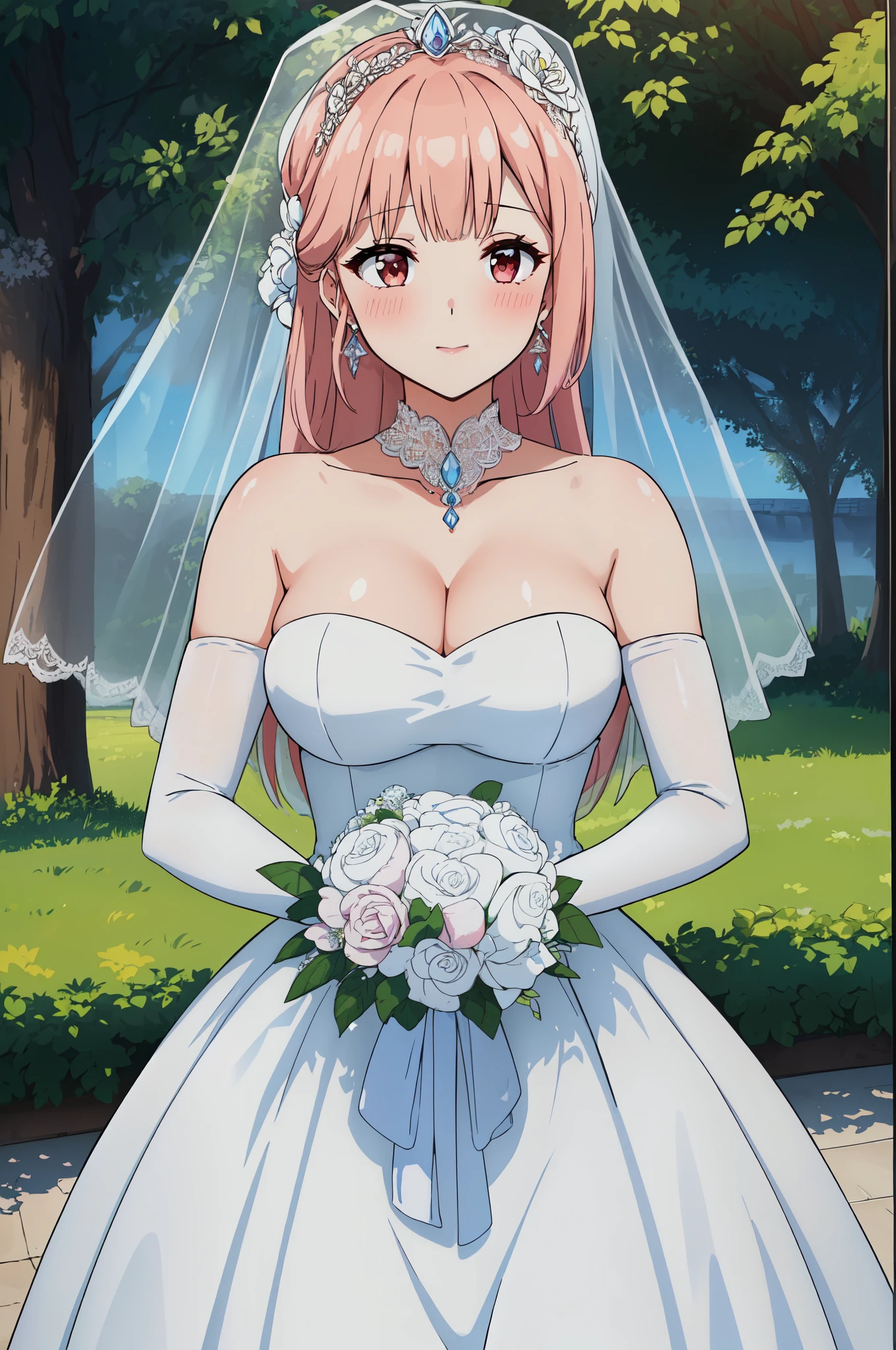 Tiandu_haze,  Close-up of beautiful bride wearing beautiful wedding dress,Gurwitz,(bridal veil:1.5），（Transparent short veil：1.5），Blushing face，Head flower，headgear，（tube top wedding dress：1.5），（Silk dress：1.2）,（Strapless wedding dress：1.5）,pure white dress，necklace，earrings，(?????????????:1.3)，Deep V peach heart collar wedding dress，Bangs，lipstick，（lace gloves：1.3）,whole body照,High detail RAW color art,Long white dress，whole body，Place your hands behind your back，