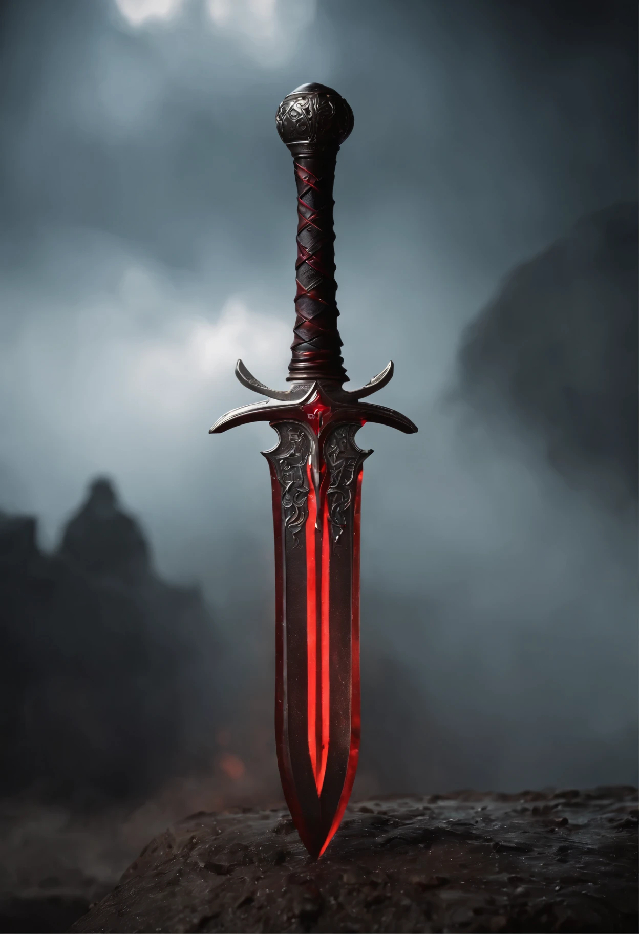 A sword, with red aura, has magical power flowing out of it, black Handel, blood everywhere, its floating, high quality, high detail, 8k, fire around it, magical power aura around it, more details around the sword, it’s raining blood