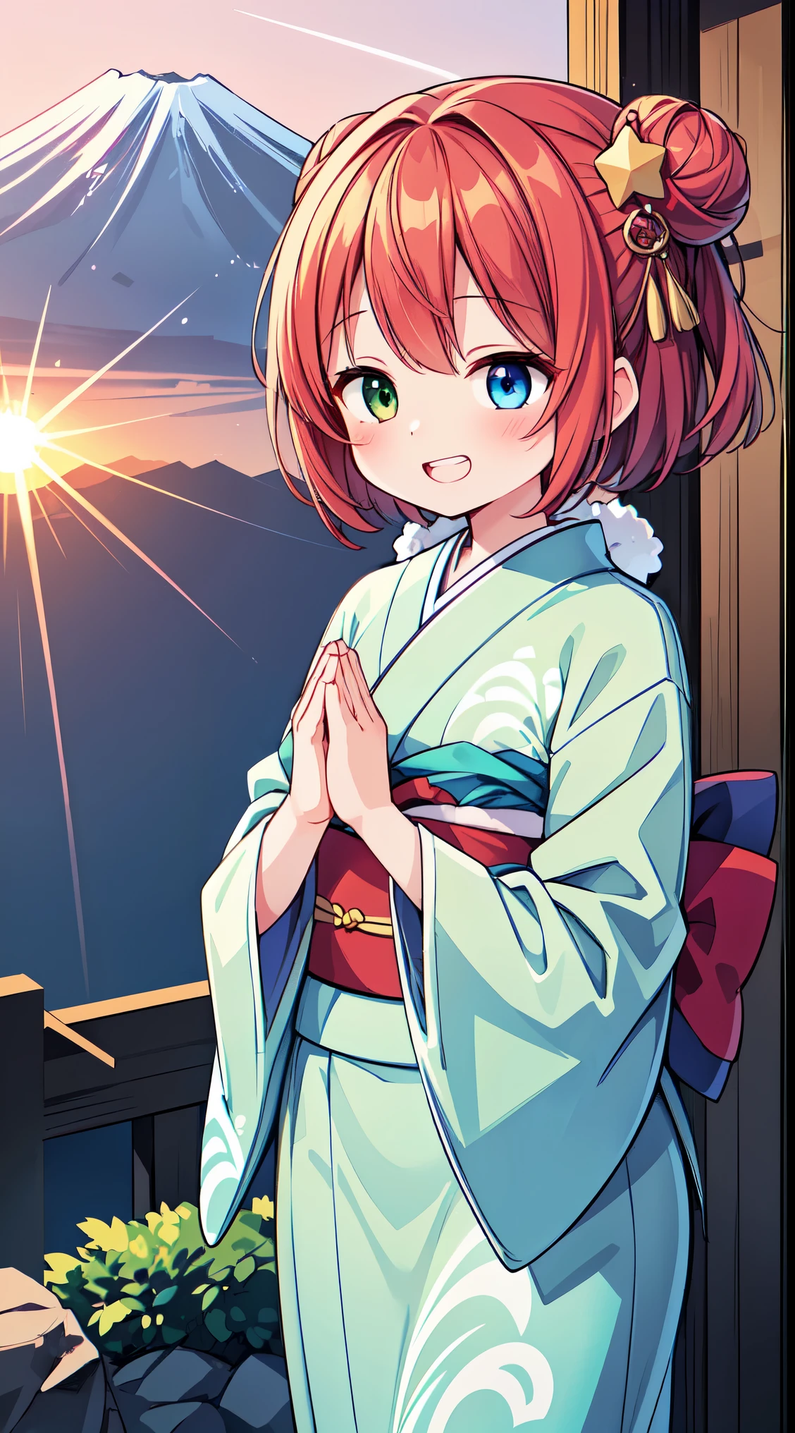 (masterpiece, top quality, best quality, official art, beautiful and aesthetic:1.2),ultra-detailed,intricate details,amazing illustration,award-winning art,atmospheric, 
BREAK, 1 beautiful girl, (kawaii:1.5), (Chibi: 0.8), (kawaii: 1.5), (Lori: 0.5), ( girl), BREAK(Red hair, short-hair,Two bunsThe hair:1.4),(:D,grin:1.3),( Heterochromia,The blue eye,The green eye, Eye Highlights,The first hyperfine stars:1.45) star the eye silhouette thick eyelashes, naked boobs double eyelids:1.2),(de pele branca),  BREAK,
(A girl watching the sunrise from the mountaintop, Mt. Fuji,The sunrise, beautiful sunrise:1.7),

(A properly shaped kimono with a detailed and beautiful pattern:1.5),

BREAK , snowing, crowed people in the background,(closed eyes, praying with hands together:1.35), (girl in a kimono with fur visiting a shrine where a statue of a dragon is enshrined:1.2), BREAK,wakame,wakame,wakame,(Cowboy Shot:1.4),

BREAK,(Blurry background:1.3),(absurderes, hight resolution, Super Detail Art),cel shading,Clear Color, Lonely optical effect, Beautiful pictures, Bright glow, mystic atmosphere,(Close-up of girl:1.1), Mystical light particle effect,manga influence, clean line drawings,