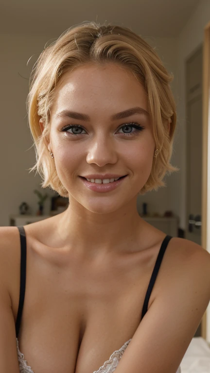 21 year old Scandinavian glamour model, detailed eyes, eyelashes, forehead, short hair, blonde hair, looking at viewer, smile, pink lips, sultry, teasing, no panties, sexy pink lingerie revealing