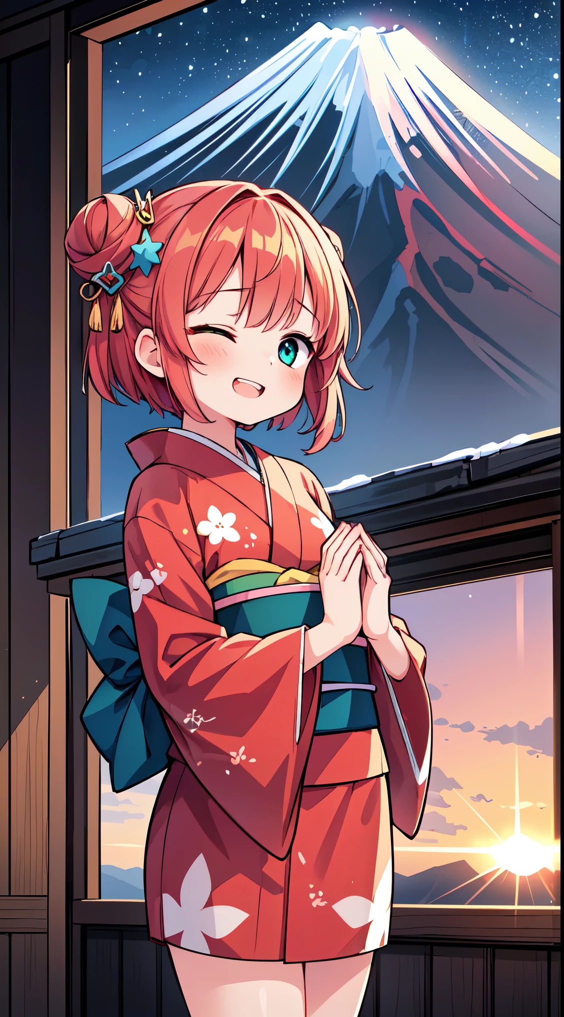 (masterpiece, top quality, best quality, official art, beautiful and aesthetic:1.2),ultra-detailed,intricate details,amazing illustration,award-winning art,atmospheric,
BREAK, 1 beautiful girl, (kawaii:1.5), (Chibi: 0.8), (kawaii: 1.5), (Lori: 0.5), (17 years old girl), BREAK(Red hair, short-hair,Two bunsThe hair:1.4),(:D,grin:1.3),( Heterochromia,The blue eye,The green eye, Eye Highlights,The first hyperfine stars:1.45) star the eye silhouette thick eyelashes, naked boobs double eyelids:1.2),(de pele branca), BREAK,
(A girl watching the sunrise from the mountaintop, Mt. Fuji,The sunrise, beautiful sunrise:1.7),
(A properly shaped kimono with a detailed and beautiful pattern:1.5),
BREAK , snowing, crowed people in the background,(closed eyes, praying with hands together:1.35), (girl in a kimono with fur visiting a shrine where a statue of a dragon is enshrined:1.2), BREAK,wakame,wakame,wakame,(Cowboy Shot:1.4),
BREAK,(Blurry background:1.3),(absurderes, hight resolution, Super Detail Art),cel shading,Clear Color, Lonely optical effect, Beautiful pictures, Bright glow, mystic atmosphere,(Close-up of girl:1.1), Mystical light particle effect,manga influence, clean line drawings,