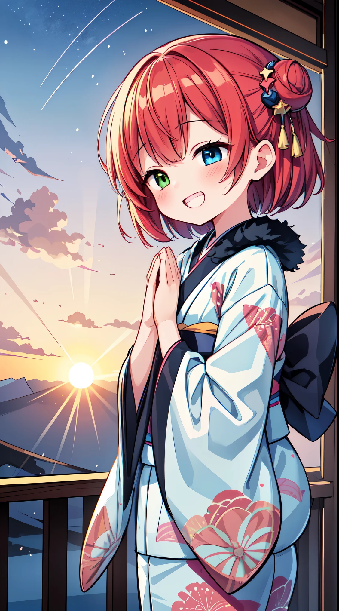 (masterpiece, top quality, best quality, official art, beautiful and aesthetic:1.2),ultra-detailed,intricate details,amazing illustration,award-winning art,atmospheric, 
BREAK, 1 beautiful girl, (kawaii:1.5), (Chibi: 0.8), (kawaii: 1.5), (Lori: 0.5), (17 years old girl), BREAK(Red hair, short-hair,Two bunsThe hair:1.4),(:D,grin:1.3),( Heterochromia,The blue eye,The green eye, Eye Highlights,The first hyperfine stars:1.45) star the eye silhouette thick eyelashes, naked boobs double eyelids:1.2),(de pele branca),  BREAK,
(A girl watching the sunrise from the mountaintop, Mt. Fuji,The sunrise, beautiful sunrise:1.7),

(A properly shaped kimono with a detailed and beautiful pattern:1.5),

BREAK , snowing, crowed people in the background,(closed eyes, praying with hands together:1.35), (girl in a kimono with fur visiting a shrine where a statue of a dragon is enshrined:1.2), BREAK,wakame,wakame,wakame,(Cowboy Shot:1.4),

BREAK,(Blurry background:1.3),(absurderes, hight resolution, Super Detail Art),cel shading,Clear Color, Lonely optical effect, Beautiful pictures, Bright glow, mystic atmosphere,(Close-up of girl:1.1), Mystical light particle effect,manga influence, clean line drawings,