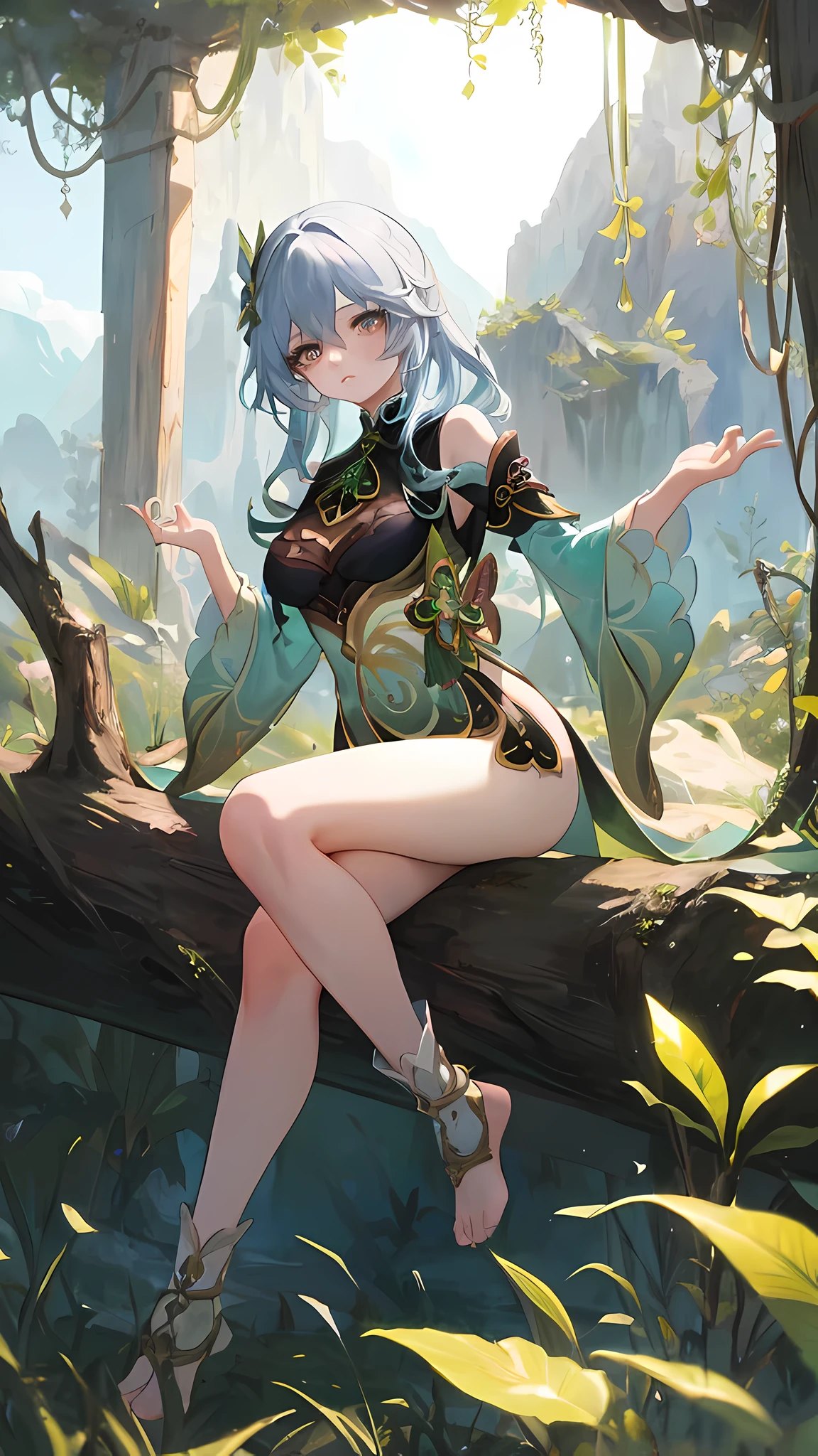 (best quality,4k,8k,highres,masterpiece:1.2),ultra-detailed, 1girl, nahida \ (genshin impact) portrait, solo, elegant, feminine, NSWF, graceful, hyperdetailed facial features, beautiful detailed eyes, beautiful detailed lips, long eyelashes, flowing hair, confident expression, sitting pose on a woods, feet out of frame, elegant, onee san, big breasts, elegant curves, calm, serenity, tranquility, vibrant colors, soft lighting, intricate details, rule of thirds, leading lines, framing elements, balance, symmetry, asymmetry, foreground interest, depth of field, perspective, diagonal lines, golden ratio, focal point, complementary colors, moss-covered rocks, fallen leaves, babbling brook, dappled sunlight, wildflowers, tall grass, ferns, meandering path, distant mountains, clear sky, hidden nooks, vibrant colors, textured bark, atmospheric perspective, wide shot, panoramic view, expansive scene, distant viewpoint, broader context, environmental portrait, capture surroundings, encompassing landscape, wide-angle lens, scenic overview, full-body composition, white and green color pallete