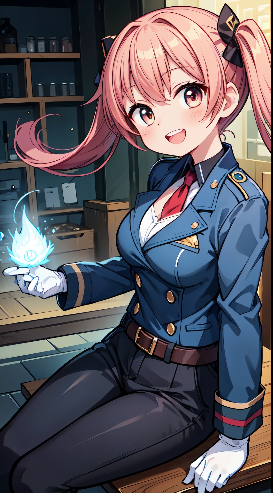 (masterpiece, top quality, best quality, official art, beautiful and aesthetic:1.2),ultra-detailed,intricate details,amazing illustration,award-winning art,atmospheric,
BREAK, BREAK,
1 beautiful girl, Solo,(Cute:1.5),(Chibi:0.8), (kawaii:1.5),(Lori:0.5),
BREAK, (girl, Cute, Cheerful, face, medium breasts:1.2),(Pink hair,disheveled short twin tails,tareme,Gold eyes:1.2),gleaming skin,Clear skin, cleavage of the breast,Beautiful , gleaming skin,Clear skin, Beautiful skin,( A smile:1.5),(best quality face),(Top quality glowing eyes),(The best smile,:D:1.45),
BREAK,(roy mustang military uniform:1.3), Black legwear,Belt bag,(amestris military uniform, gloves, uniform, White Gloves :1.2),tie,(lace-up boots:1.1), Military, Military uniform, (coat:1.35),
BREAK,(early evening), fire-breathing, burning,explosions, fire, loimu, Flaming sword, Flame Weapon, grin, Magic, Pants, pyrokinesis,Smile, Solo,flower shop stall, outside of house, Amestris country,central,early modern europe buildings,classic car,Waterfall,depth of fields,
BREAK,wakame,wakame,wakame,(Dynamic Angle:1.4), Girls Focus,
BREAK,(Blurry background:1.3),(absurderes, hight resolution, Super Detail Art),cel shading,Clear Color, Lonely optical effect, Beautiful pictures, Bright glow, mystic atmosphere,(Close-up of girl:1.1), Mystical light particle effect,manga influence, clean line drawings,